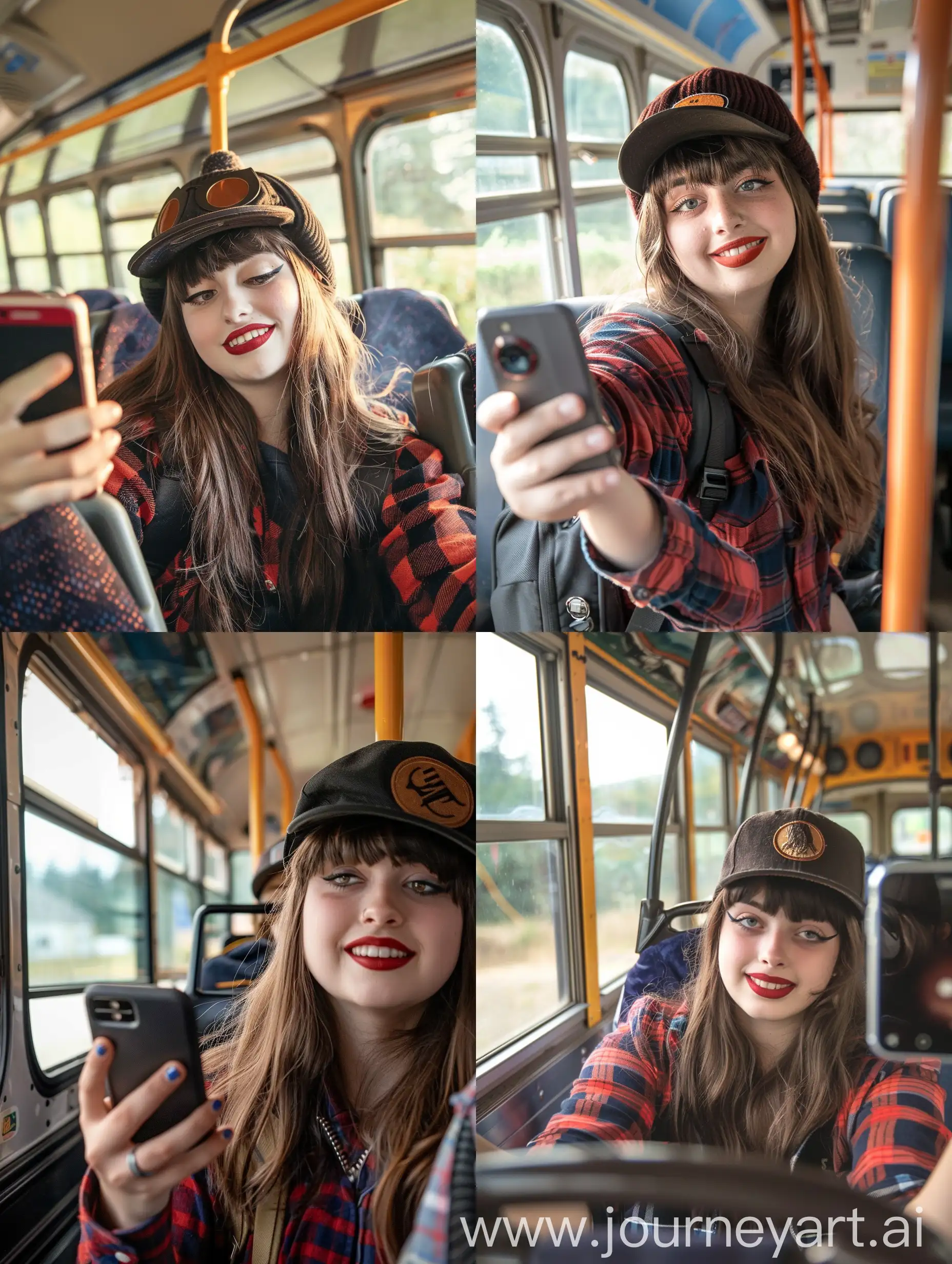 Girl taking a selfie on her phone in the schoolbus, adorable, cute