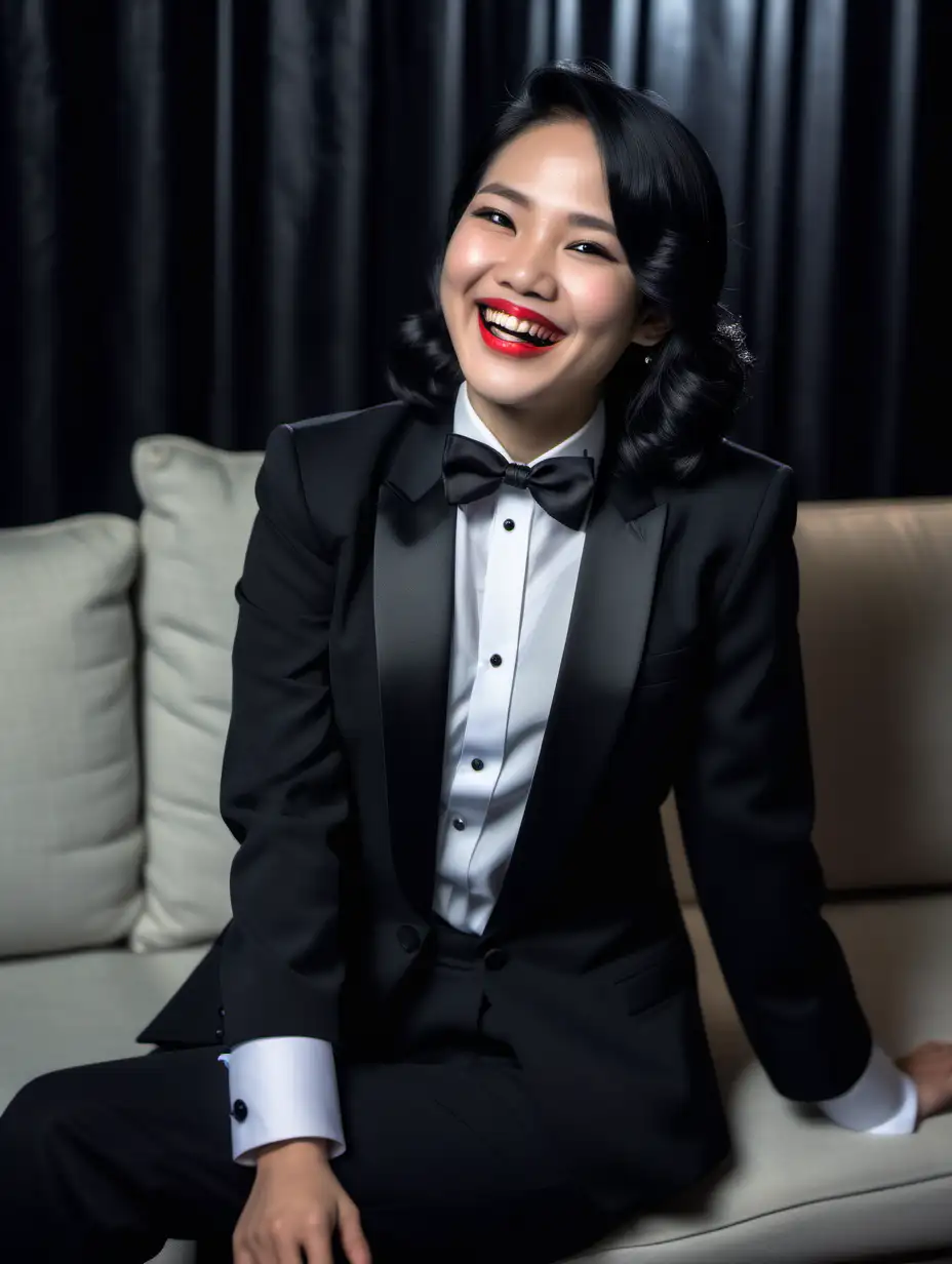 Chic-Vietnamese-Woman-in-Black-Tuxedo-Laughing-on-Dark-Couch