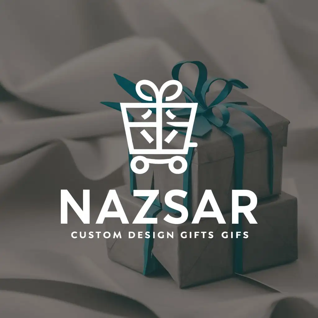 a logo design,with the text "Nazsar", main symbol:Nazsar - Your Ultimate Destination for Quality Custom Design Gifts: Incorporating symbols that directly relate to the essence of the website such as gift boxes, a shopping cart, or customizable text.,Moderate,clear background