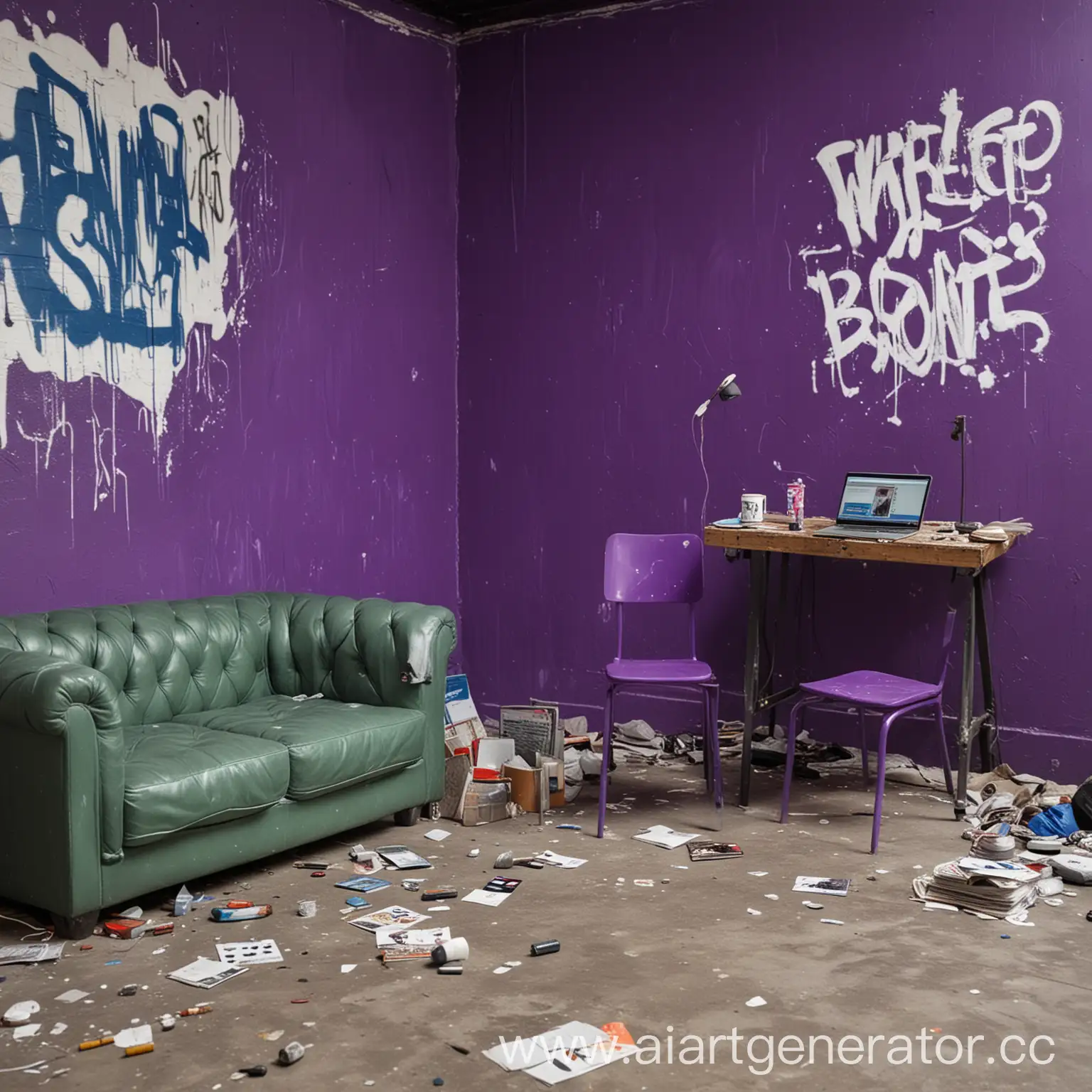 В комнате с зелеными стенами стоит фиолетовый стул, на фиолетовом стуле стоит ноутбук, рядом с фиолетовым стулом стоит маленький белый стол, на белом столе стоит микрофон и аудиокарта, на грязном полу лежит много банок и сигарет, на против фиолетового стула стоит синий диван, на синем диване сидит человек в серой кофте с капюшоном, на фиолетовых стенах граффити