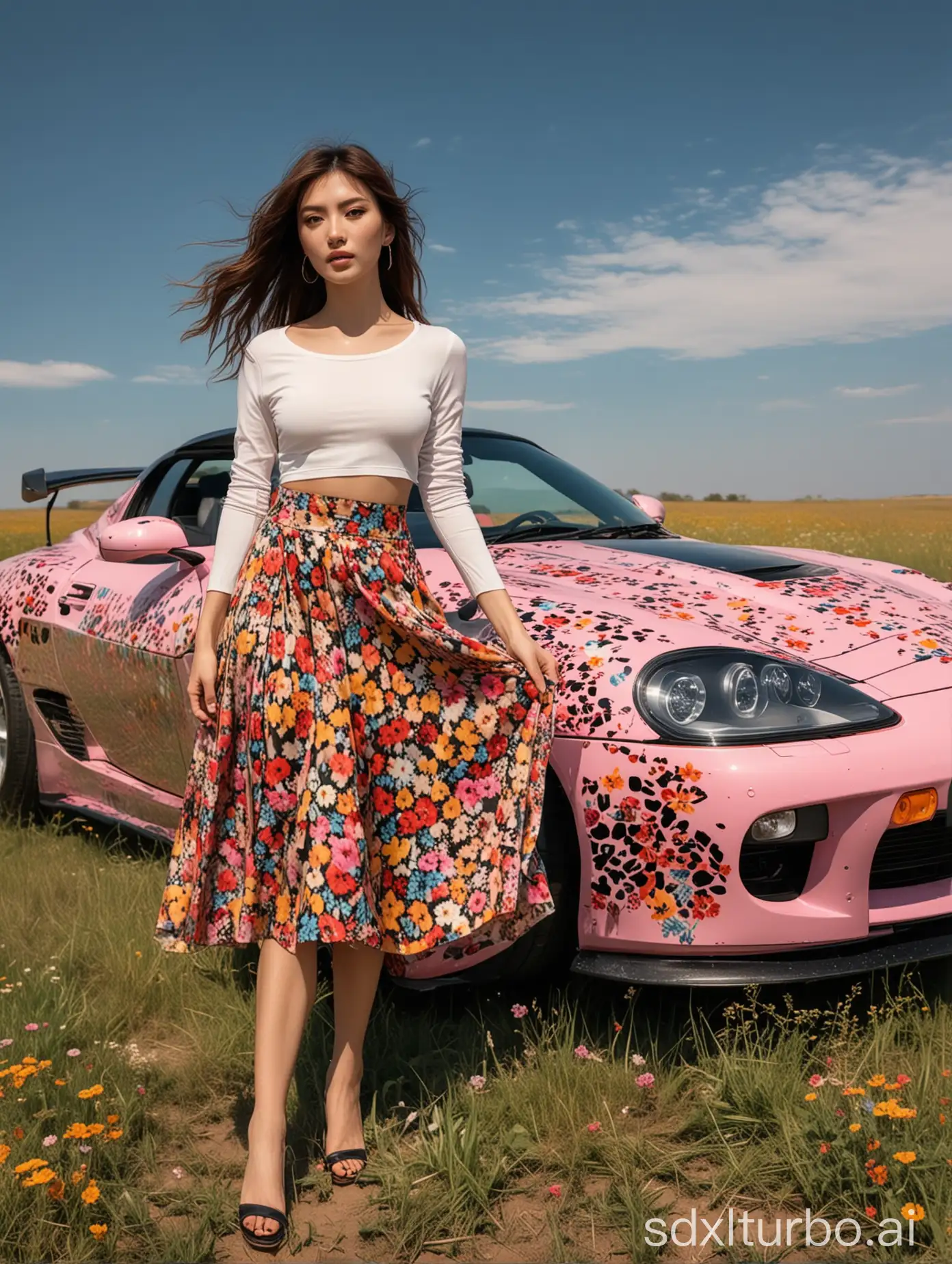 Oriental-Modern-Fashion-Woman-and-Flower-Leopard-Pose-with-HighEnd-Sports-Car-on-Colorful-Grassland
