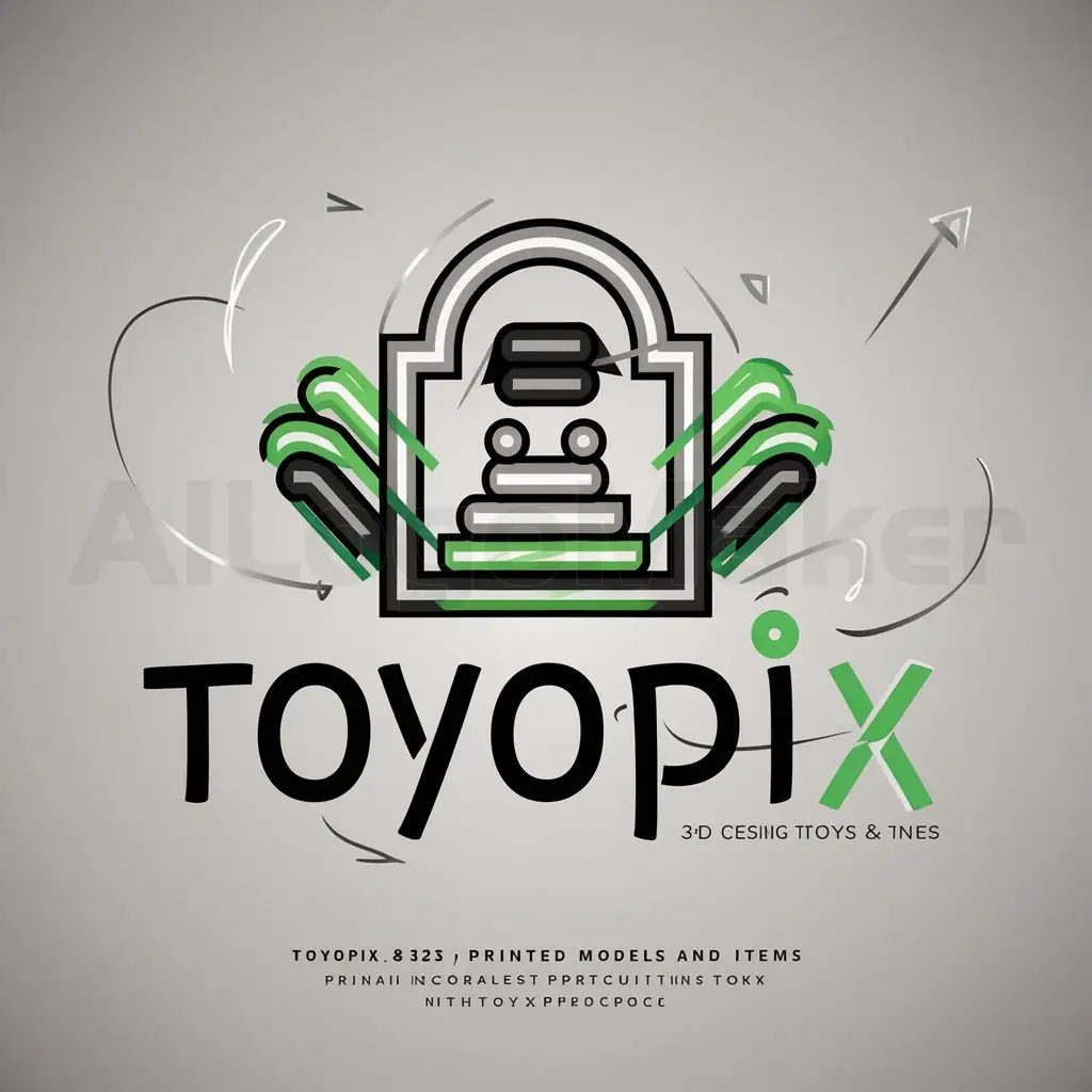a logo design,with the text 'Toyopix', main symbol: Please design a creative and playful logo for the brand Toyopix. Our brand specializes in selling 3D printed models, toys, and other items. The logo should incorporate innovative elements that convey a sense of three-dimensionality and 3D printing. Consider using a symbol that visually represents 3D printing, such as an icon of a 3D printer or layered designs. Additionally, include elements that mimic a child’s drawing of a 3D model to emphasize playfulness and creativity. The design should be minimalist with clean lines. Use vibrant and attractive colors to enhance the sense of fun and appeal. The logo should be easily recognizable and convey a friendly and appealing feel. Choose a modern and simple font for the text 'Toyopix' and incorporate elements related to toys and 3D printing technology. The overall design should reflect energy, innovation, and a childlike sense of wonder. green and grey black