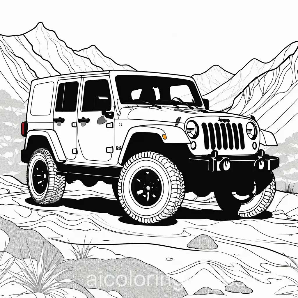 jeep offroad , Coloring Page, black and white, line art, white background, Simplicity, Ample White Space. The background of the coloring page is plain white to make it easy for young children to color within the lines. The outlines of all the subjects are easy to distinguish, making it simple for kids to color without too much difficulty