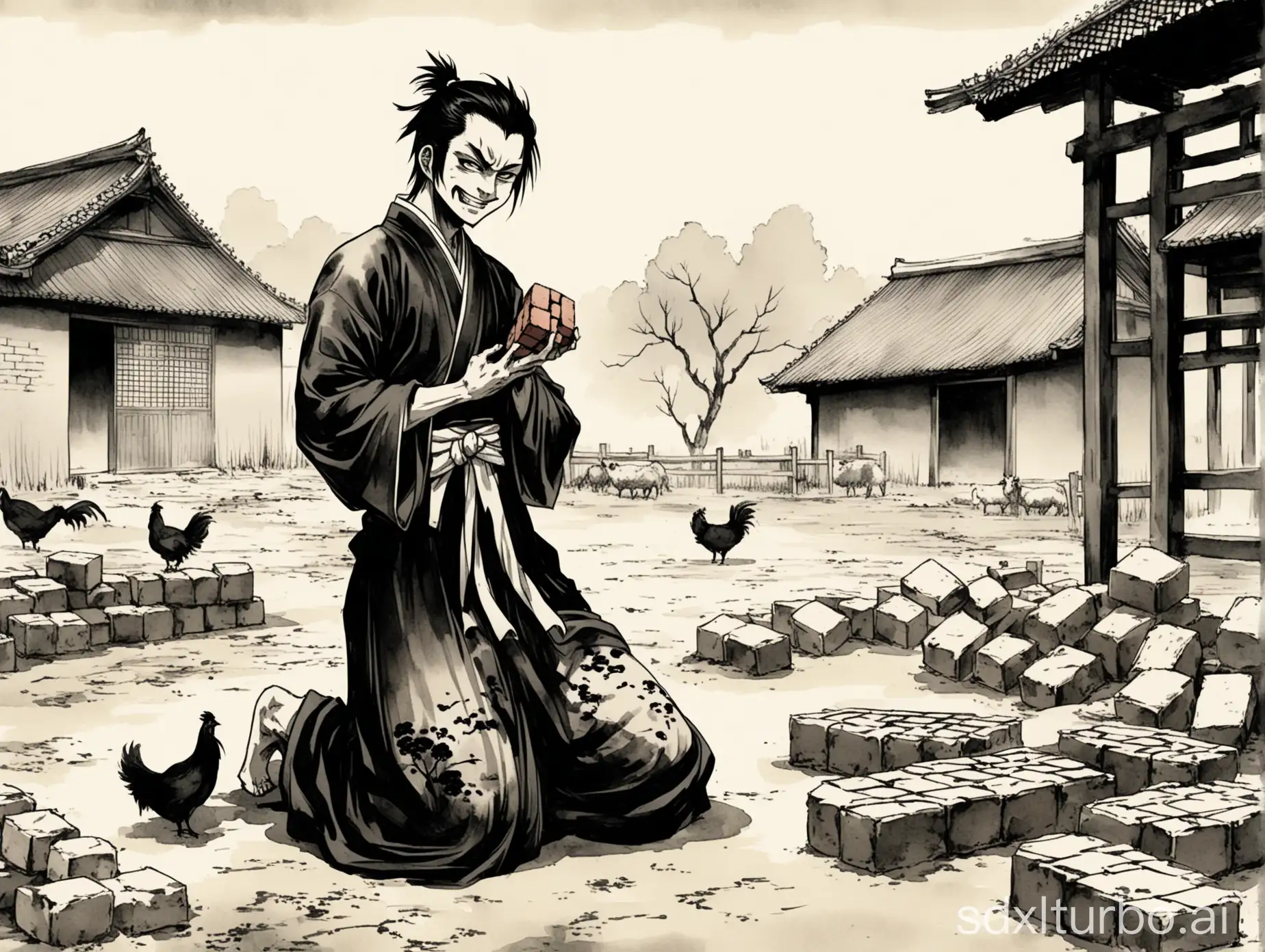 A boy, kneeling, holding a brick in his hand, in a farmyard, Tradition Chinese Ink Painting style, Full body shot, Hanfu, evil smile, , Manga,