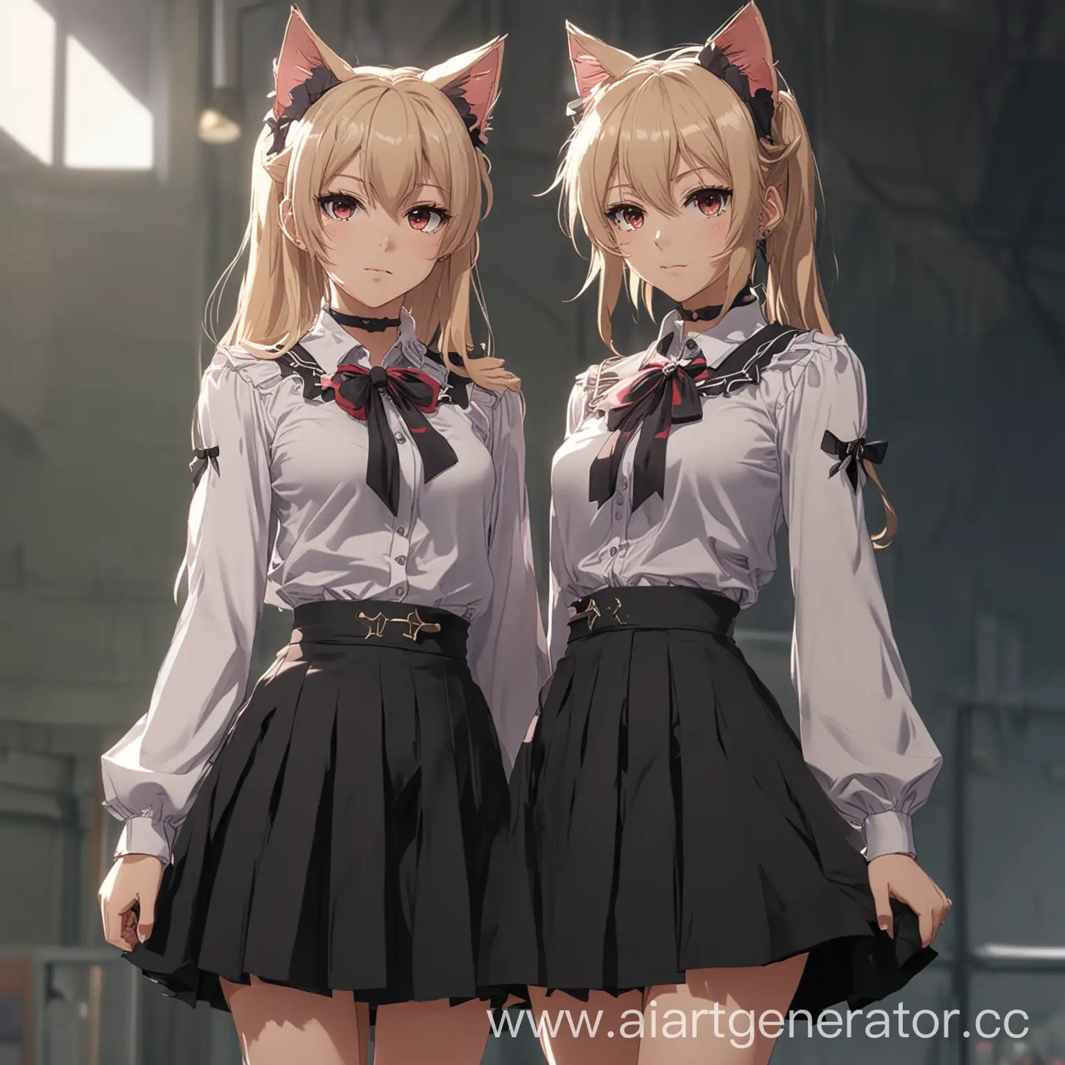 Delta and Zeta from anime The eminence in shadow with cat ears they wear skirt and blouse. 4k full hd