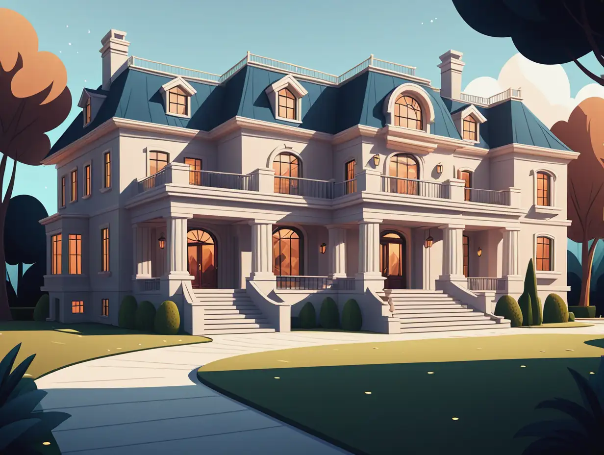 of the luxury house from the outside in cartoon mode.