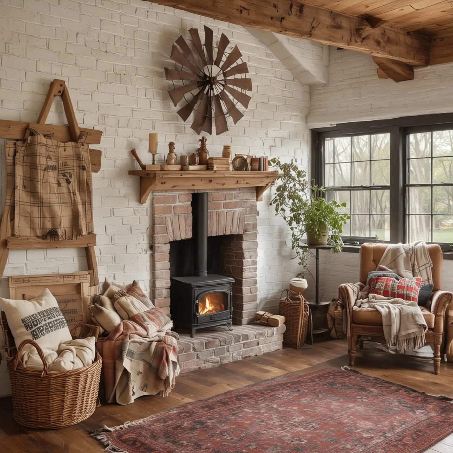 Cozy Retreat: A wide shot large and spacious but cozy farmhouse living room with whitewashed brick walls and a wood-burning stove. The room features a comfy loveseat with plaid throw pillows, a reclaimed wood bookshelf filled with vintage books and trinkets, and a round rug. Windows with wooden shutters overlook a lush garden, and a rustic wooden door with an iron handle adds character. A wicker basket filled with firewood sits by the stove, and a metal wall decor piece in the shape of a windmill adds a farmhouse touch. A wooden ladder with cozy blankets is propped against the wall.

