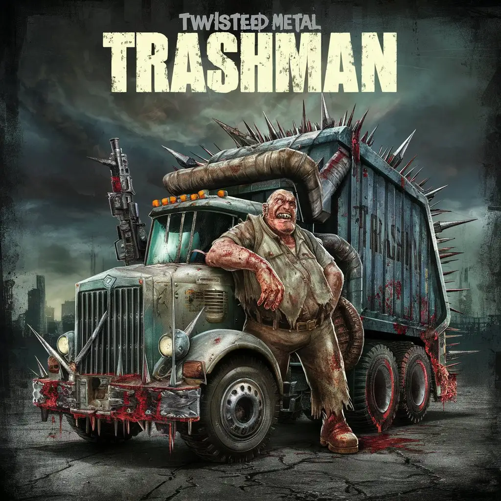 Character Sheet, Twisted Metal Art Style, Male Trashman Driver, Burly and musty, Lazy but strong, Trash vehicle with deadly weapons, guns, bloody and gorey