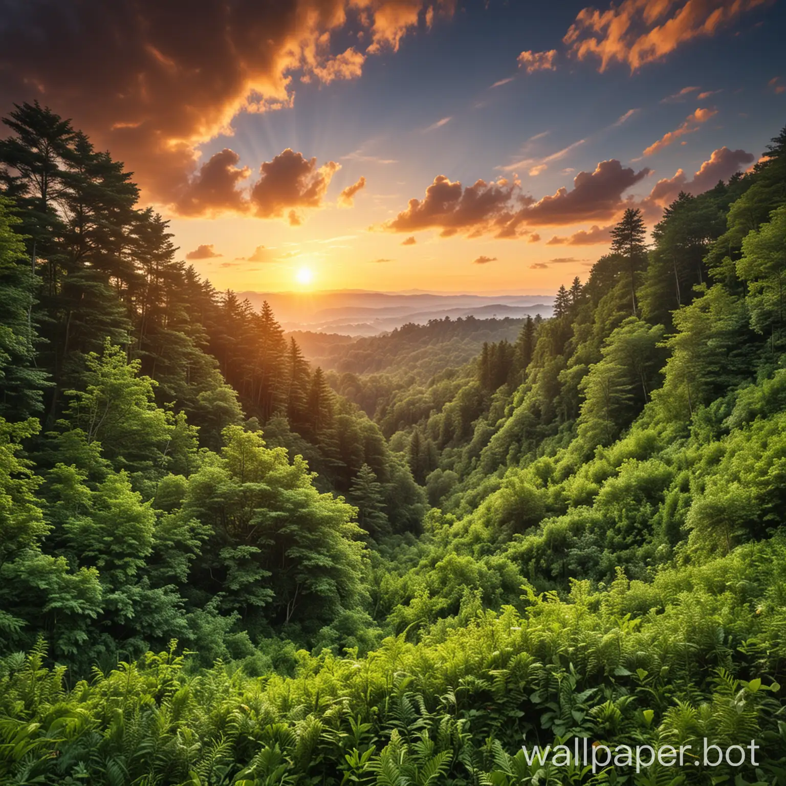 Lush green forest with a sunrise in the sky