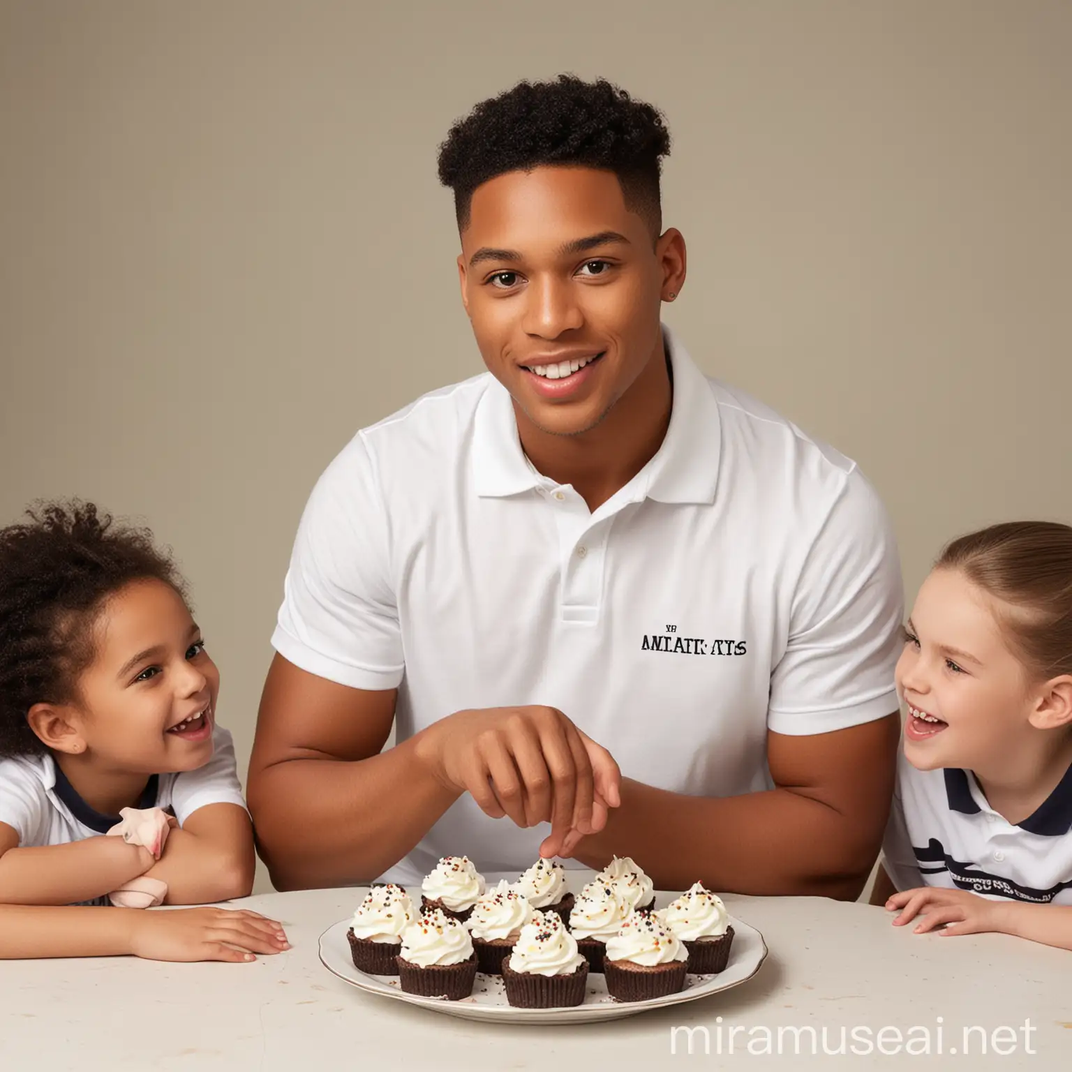 A realistic photo of a young light skin complexion man, dressed in a white polo top, with a word written on it 'mix & treatz,putting on a black trouser, holding a plate of sliced cakes, and a cup of milkshake, standing in front of a group of young kids, sited on a table