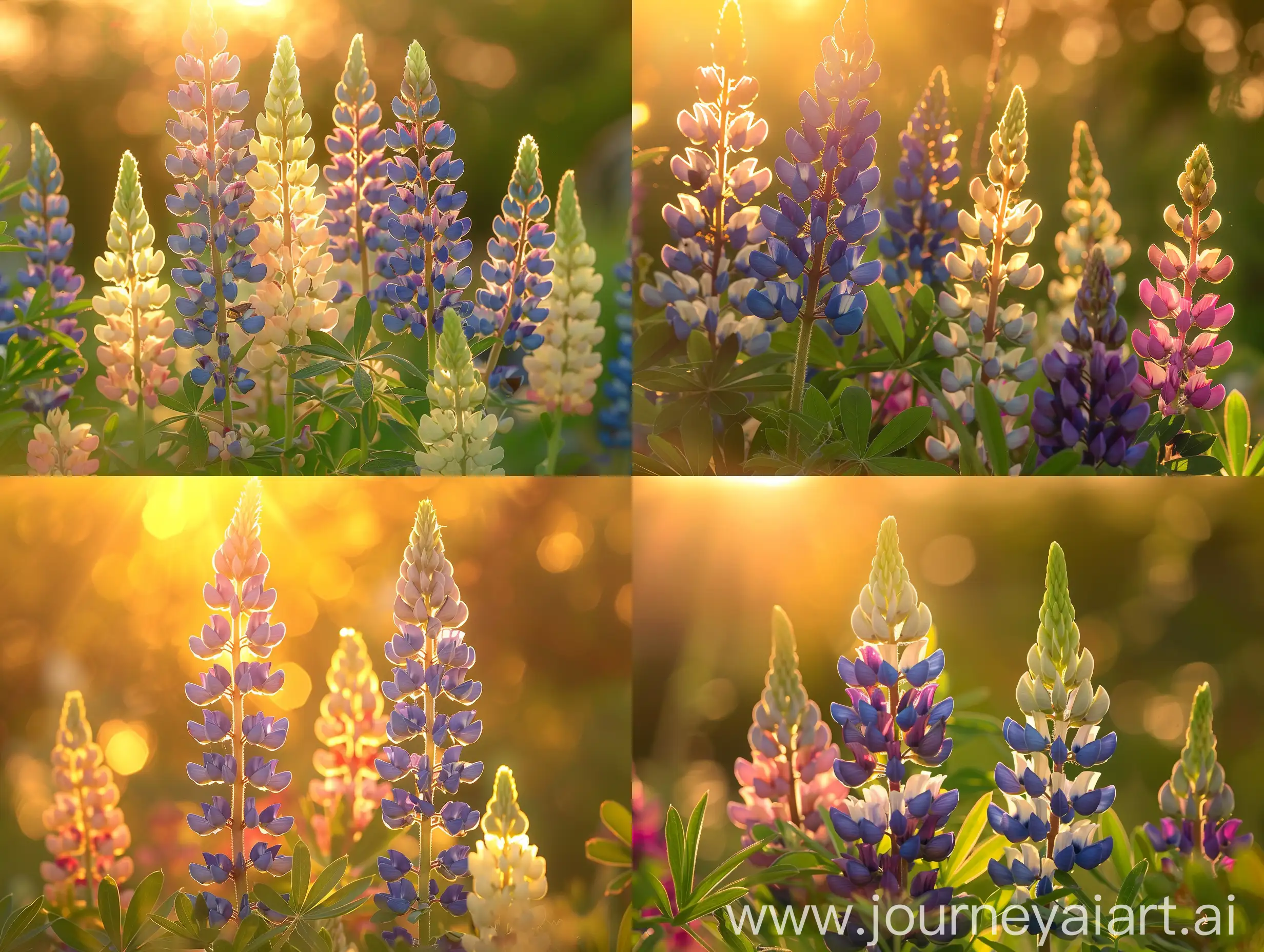 High detailed photo capturing a Lupine, Russell Hybrid Mixed Colors. The sun, casting a warm, golden glow, bathes the scene in a serene ambiance, illuminating the intricate details of each element. The composition centers on a Lupine, Russell Hybrid Mixed Colors. Very striking, bold upright spikes are dense with pea-like flowers in intense blues to creams. Best placed at the back of the border for cutting or naturalizing. Stately 3 spikes in wide color range and many lovely bicolor, bloom from May to June. Attract. The image evokes a sense of tranquility and natural beauty, inviting viewers to immerse themselves in the splendor of the landscape. --ar 16:9 