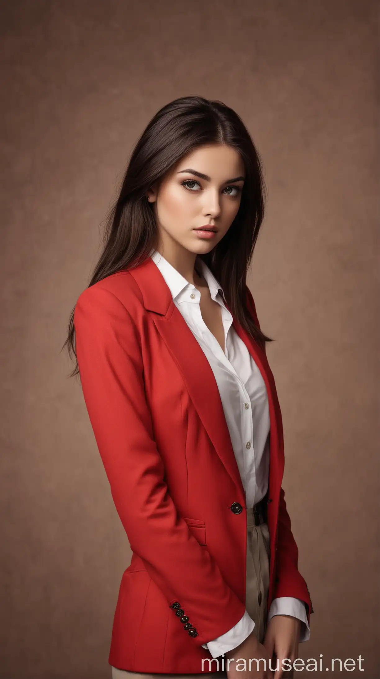 High Fashion Portrait of Proud Young Woman in Red Blazer