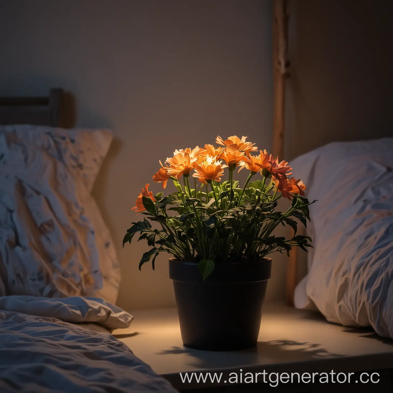 светящийся в темноте цветок в горшке на тумбочке рядом с детской кроватью