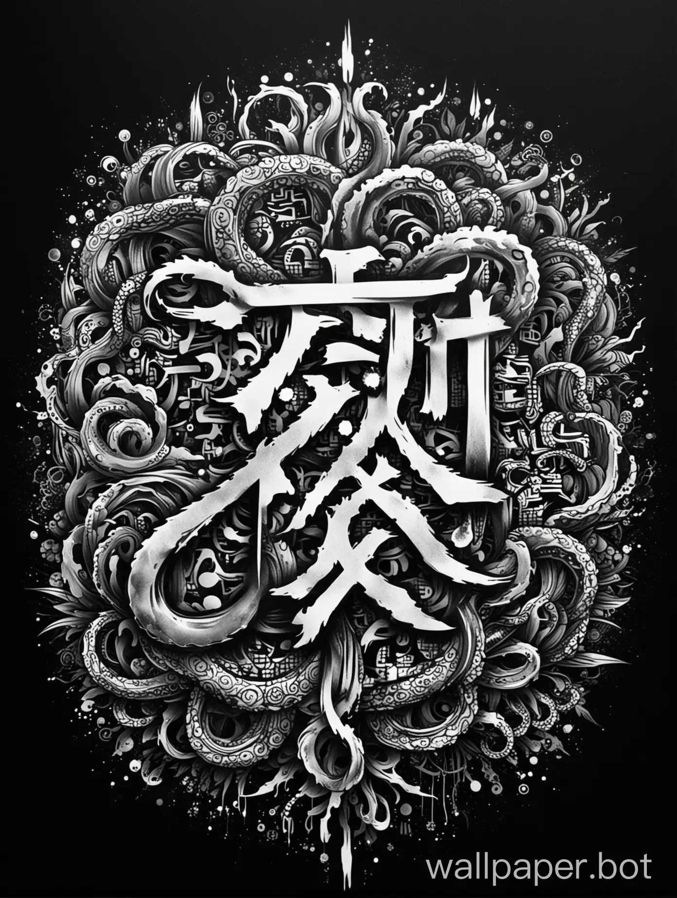 tattoo Kanji art, explosive white hard brush, centered organic, dark mandala masterpiece hard fluid vein chaotic ornament, graffiti tattoo pattern, tentacle brush, monochromatic space, organic, ornamental black, hard branches art, black background