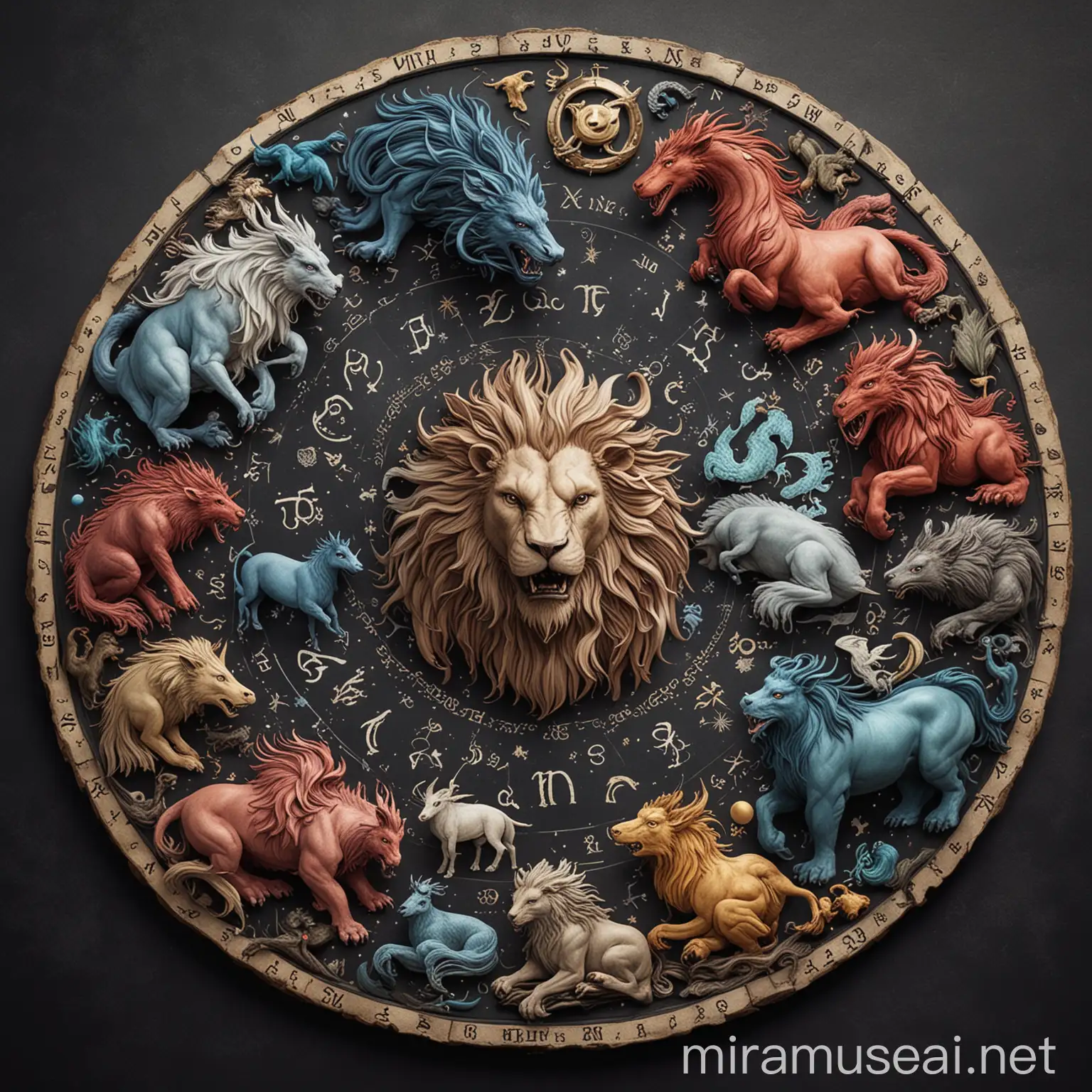 Mythical Beasts Encircling the Zodiac Wheel