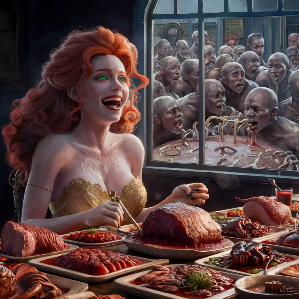 A redhead goddess russian women laughting hard sweating with green eyes and eating a giant diner on a massive long table full giant meat exquise food gourmet on a giant window, downside the windows a overcrowded poor very skinny men's on floor crying and eating a liquid mud with worms bones and squeleton, unity 3d render, ultra realist.
