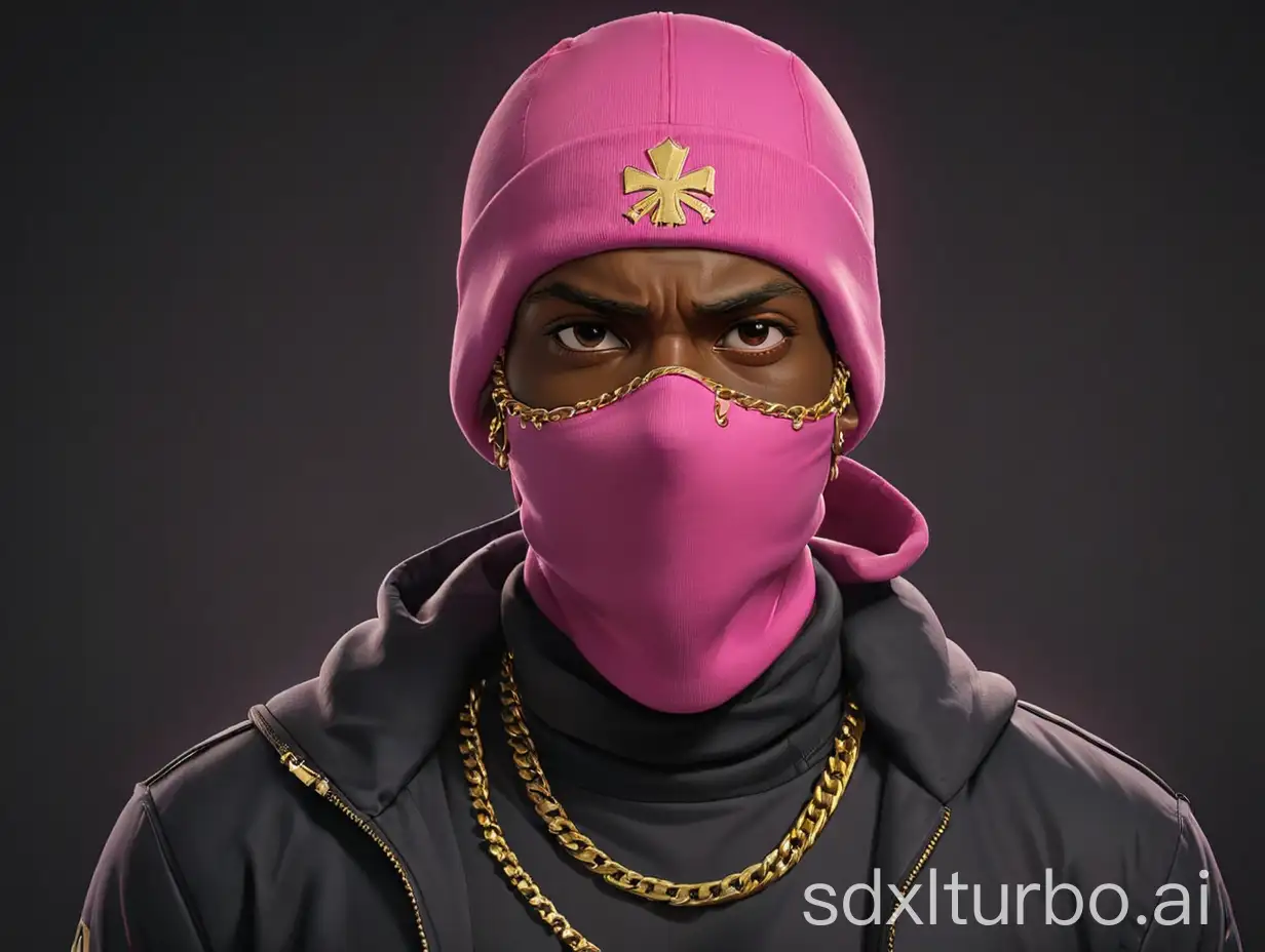 Black man wearing a pink Ski mask and a gold chain, GTA drawing style, Dark background, cinematic