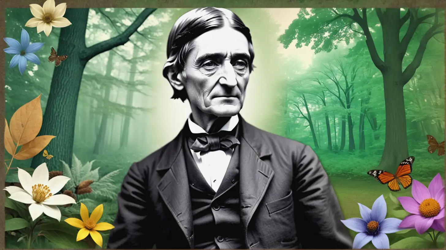 Ralph Waldo Emerson. The background is images of nature in spiritual fashion. 