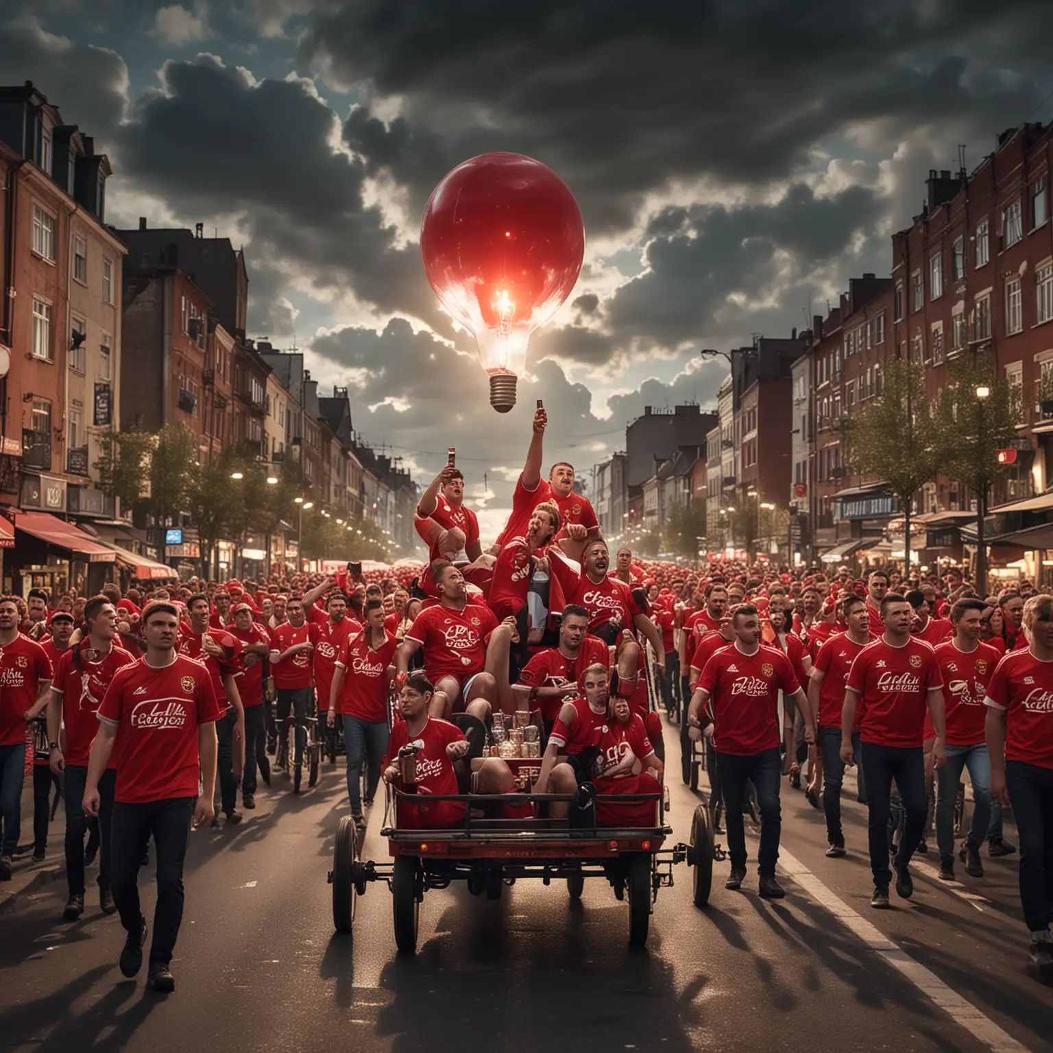 Vibrant Red Football Fans Celebrating with Beer and Cart Rides under Illuminated City Skyline