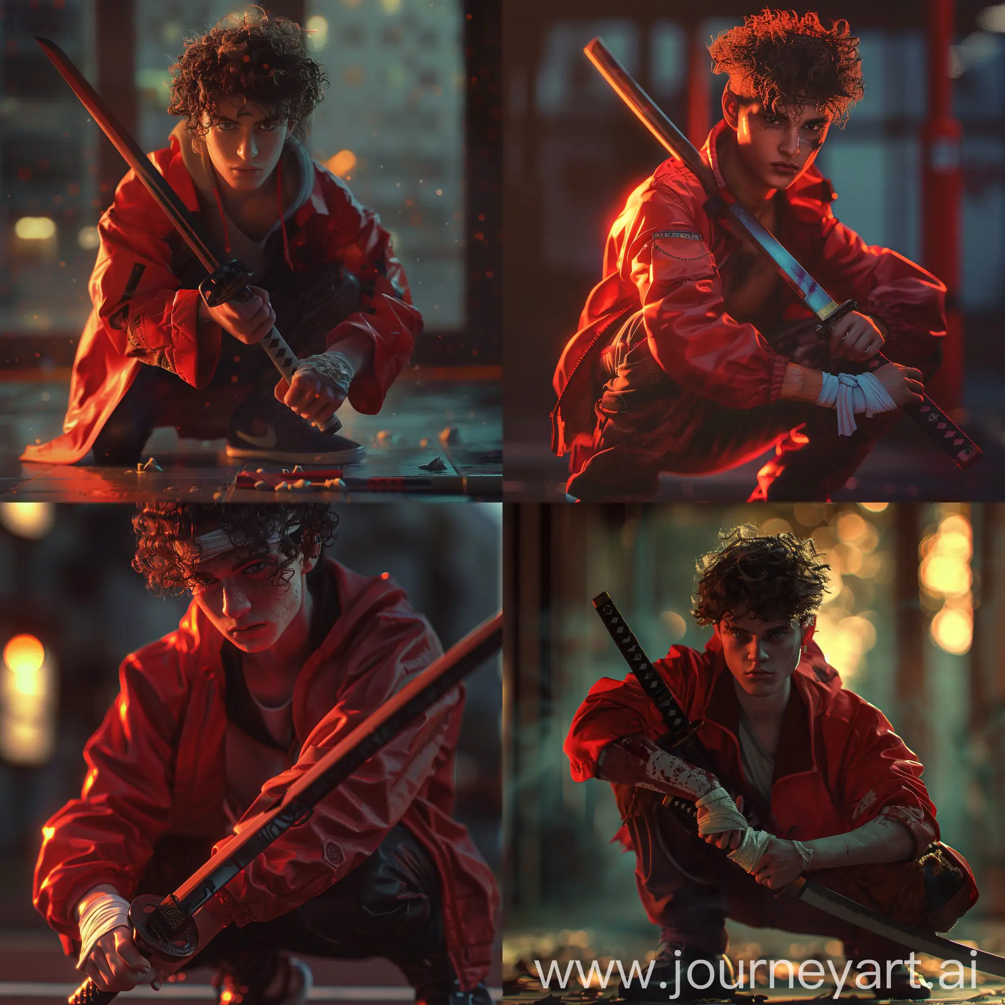 A young guy, squatting down, holding a katana, curly hair, handsome, looking at the camera, hands in bandages, red jacket, in synthwave style, soft light, blurred background, using warm reds, oranges and blacks, 3d blender, 4k
