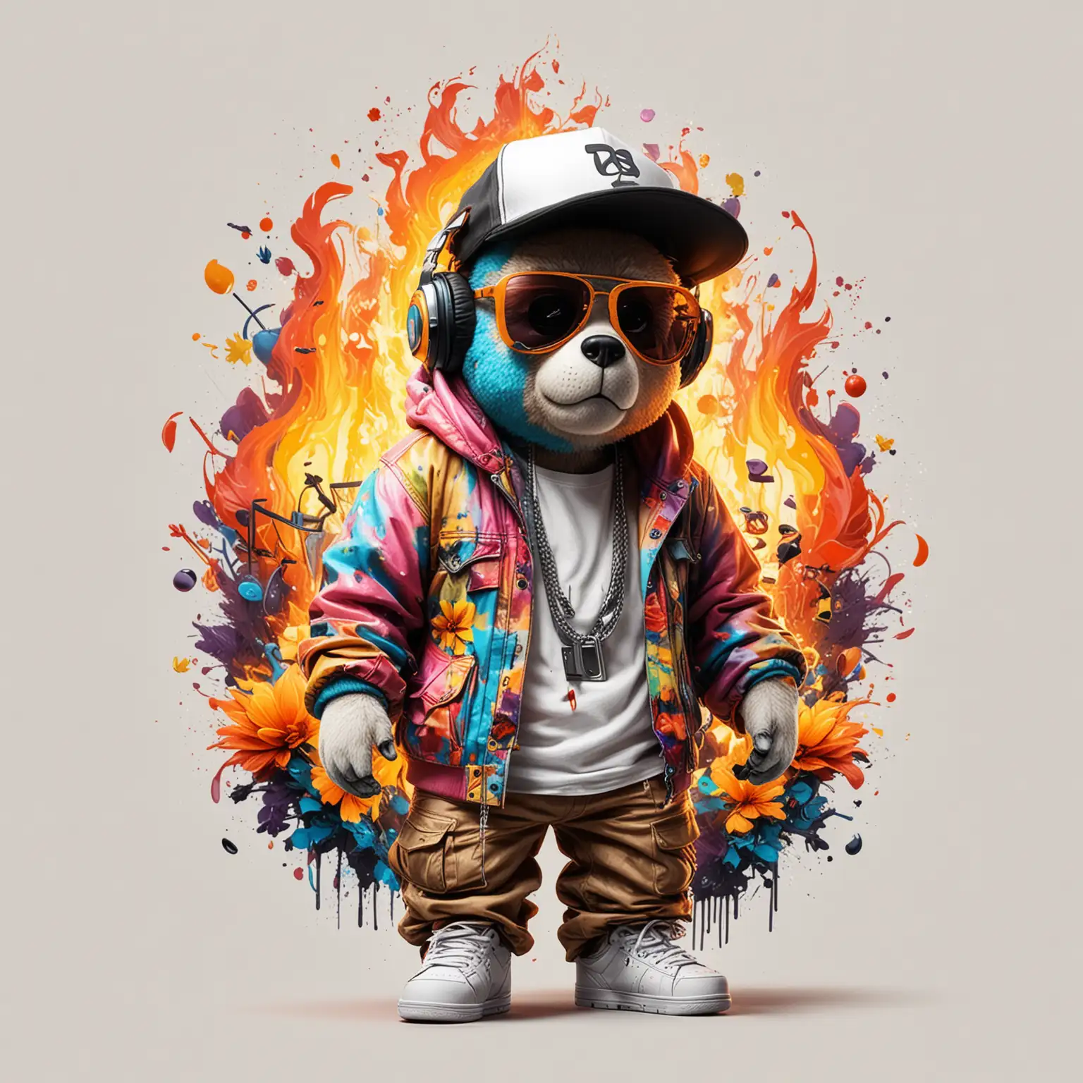 colorful abstract painting  Hip Hop hover floral fire teddy, full body, listening to music ,hip hop hat, sun glasses ,luxury , old walkman, dead world, Graffiti Cartoon- Digital Download PNG, JPEG , white background 2