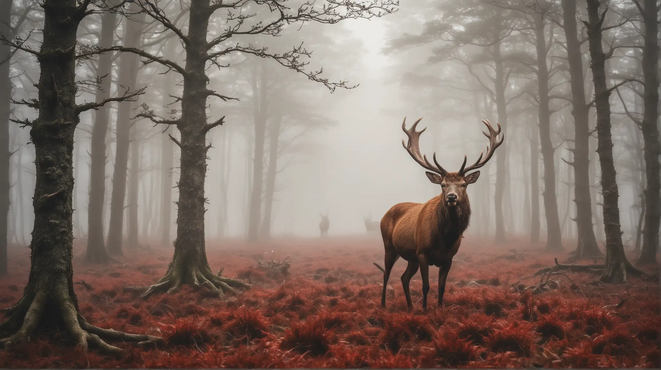 Majestic Red Stag Roaming Through Enchanting Foggy Forest