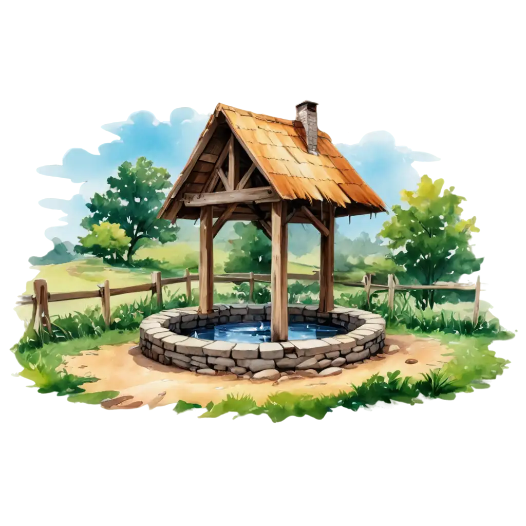 a village well with bucket cartoon