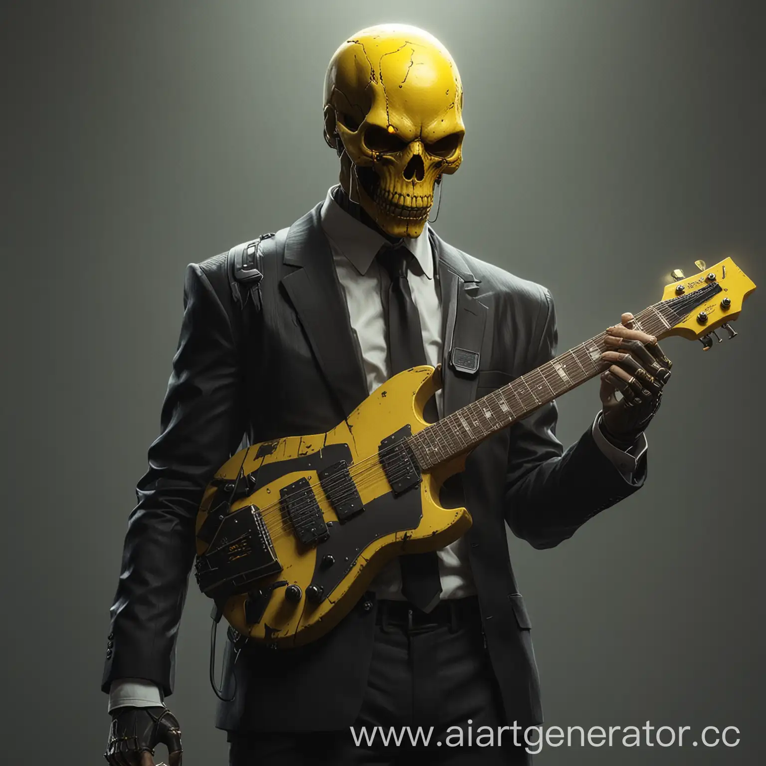 Человек с имплантом жёлтого черепа вместо головы в чёрном деловом костюме с жёлтым галсутоком. Он держит Жёлтую электрогитару. Картинка в стиле cyberpunk 2077