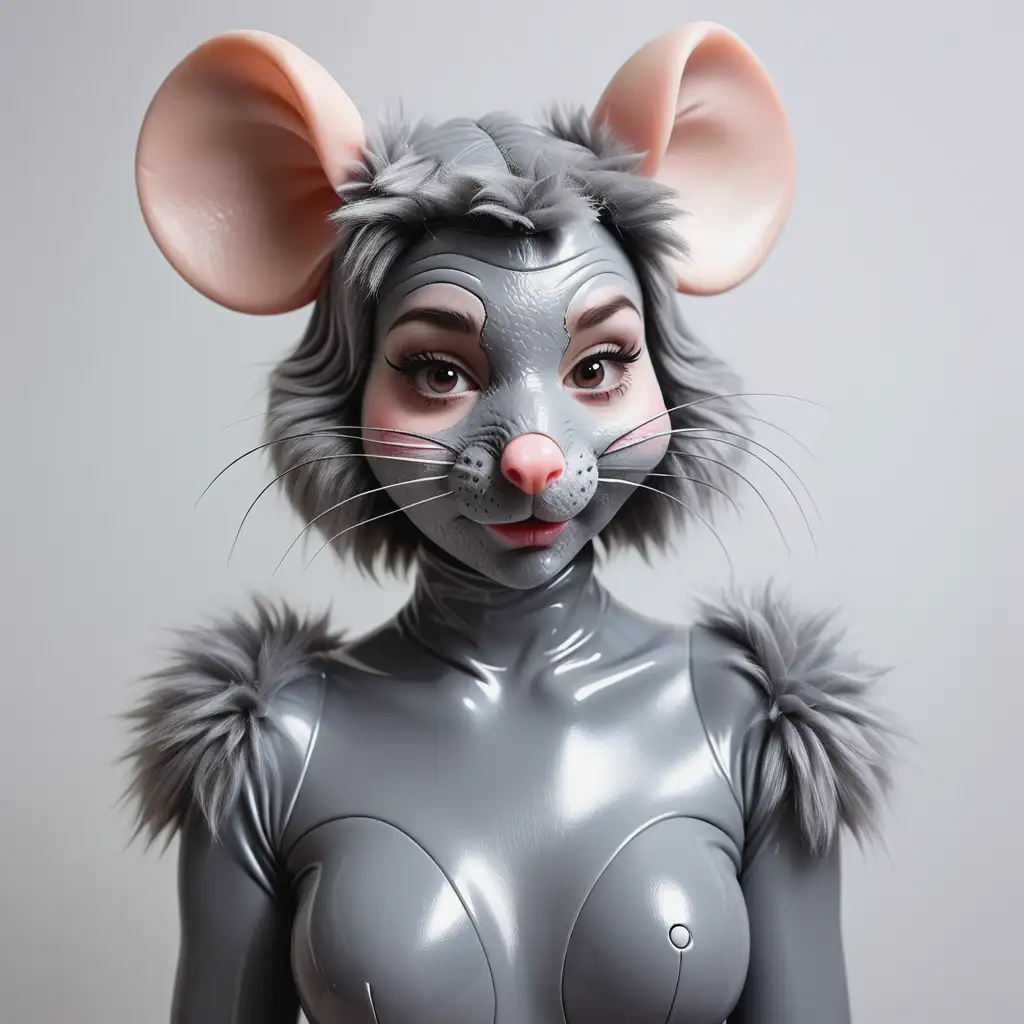 Латексная девушка фурри мышка с серой латексной кожей с мордой мыши вместо лица
