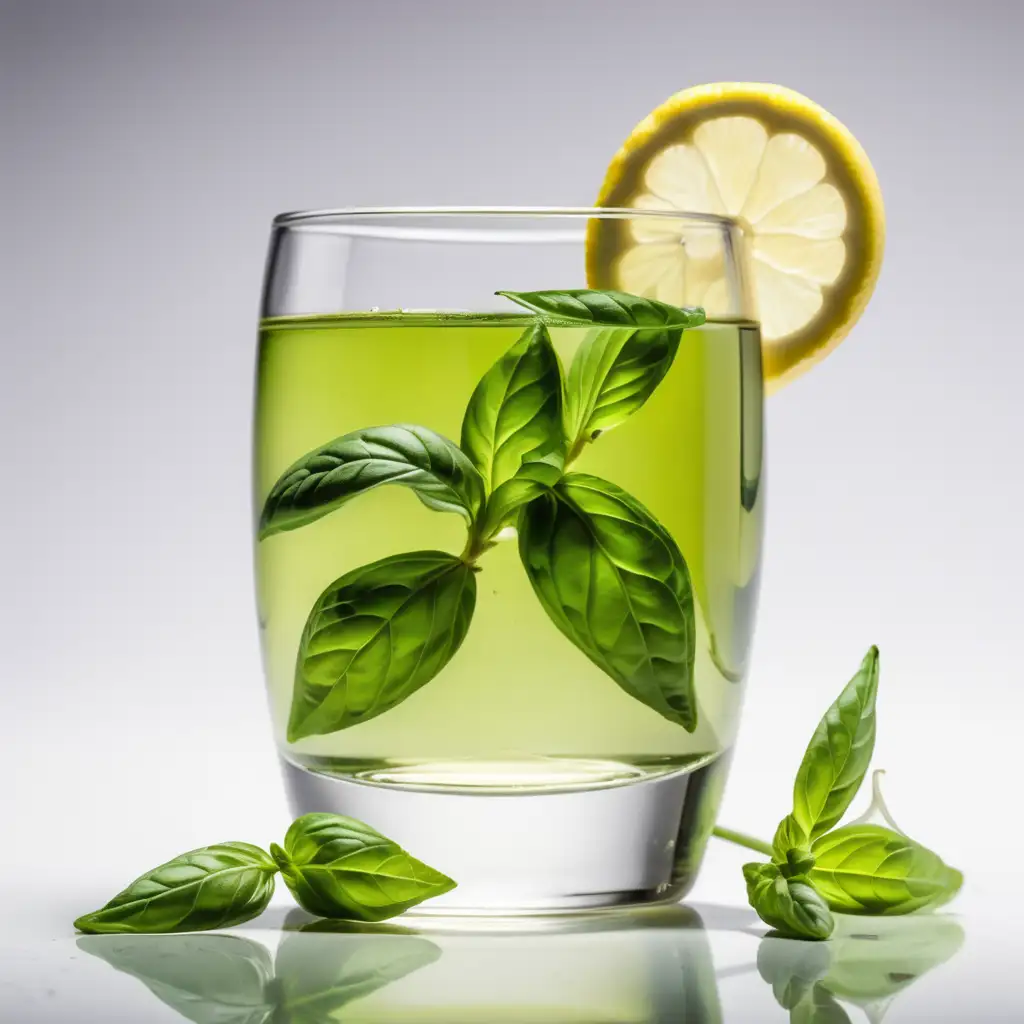 green tea in glass with basil leaves on top, lemon slice, white background