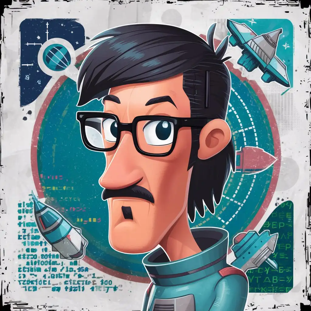 Avatar, geek, program, space, only display head, cartoon style, background has code, spaceship, planet. Face shape is long, Asian face, with a little beard, wearing glasses.