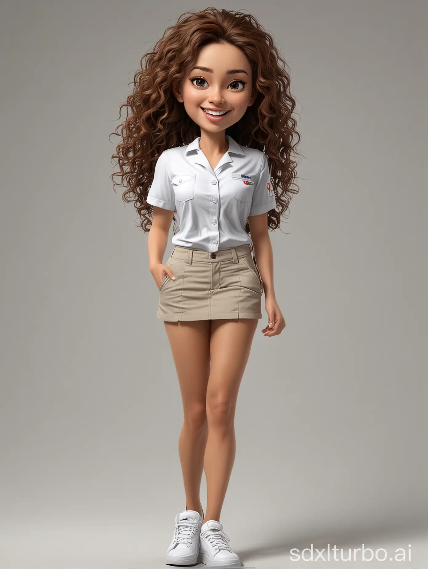 Create a full body realistic cartoon style 4D caricature with a large head. A hospital nurse, beautiful young woman, straight hair, sharp eyes, sharp nose, thick lower lip. Slight smile, open mouth. Wearing a hospital nurse uniform, white mini skirt, sneakers, next to a 40 year old man, Asian citizen. Thin, small stature. Short curly hair. Faint smile, Standing playing the guitar. Cargo pants, sneakers. Face facing straight forward, laughing expression and white background. Use soft photography lighting, hair lighting, side lighting, and top lighting. Photos with very high detail.