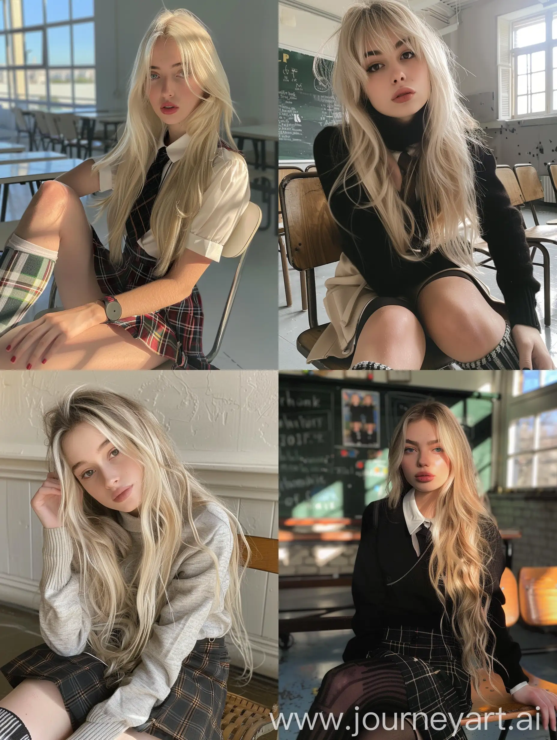 1  girl,    long  blond  hair ,   22  years  old,    influencer,    beauty   ,     in  the  school    ,school  uniform  ,  makeup,       sitting  on  chair  ,    socks  and  boots,    no  effect,     selfie   , iphone  selfie,      no  filters ,   iphone  photo    natural
