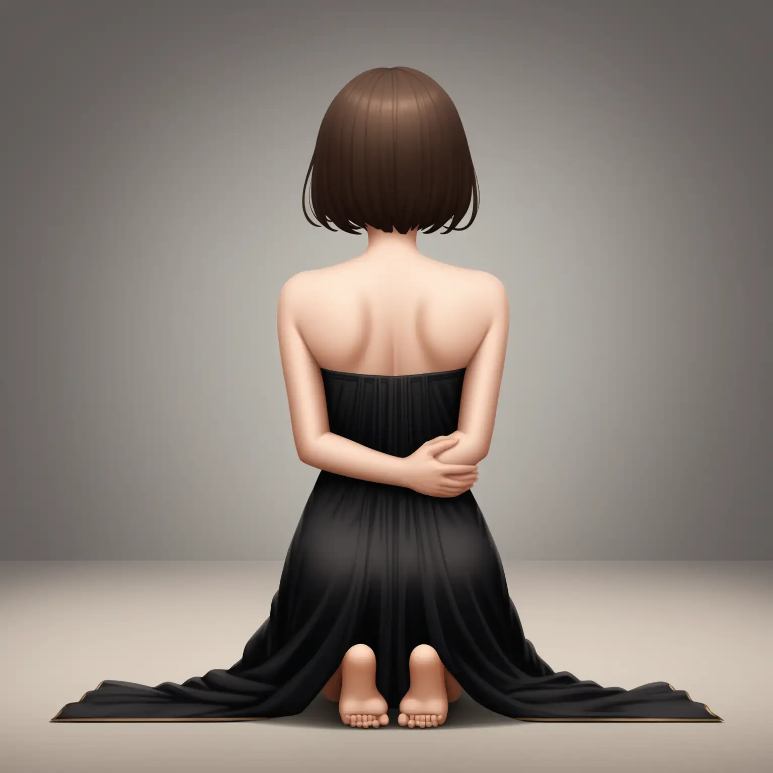 Emoji female with very short brown hair that is very shorter on the sides and long on top, wearing all black, and kneeling on the floor in devotion with hands behind her back, very respectful, the image view is from behind her