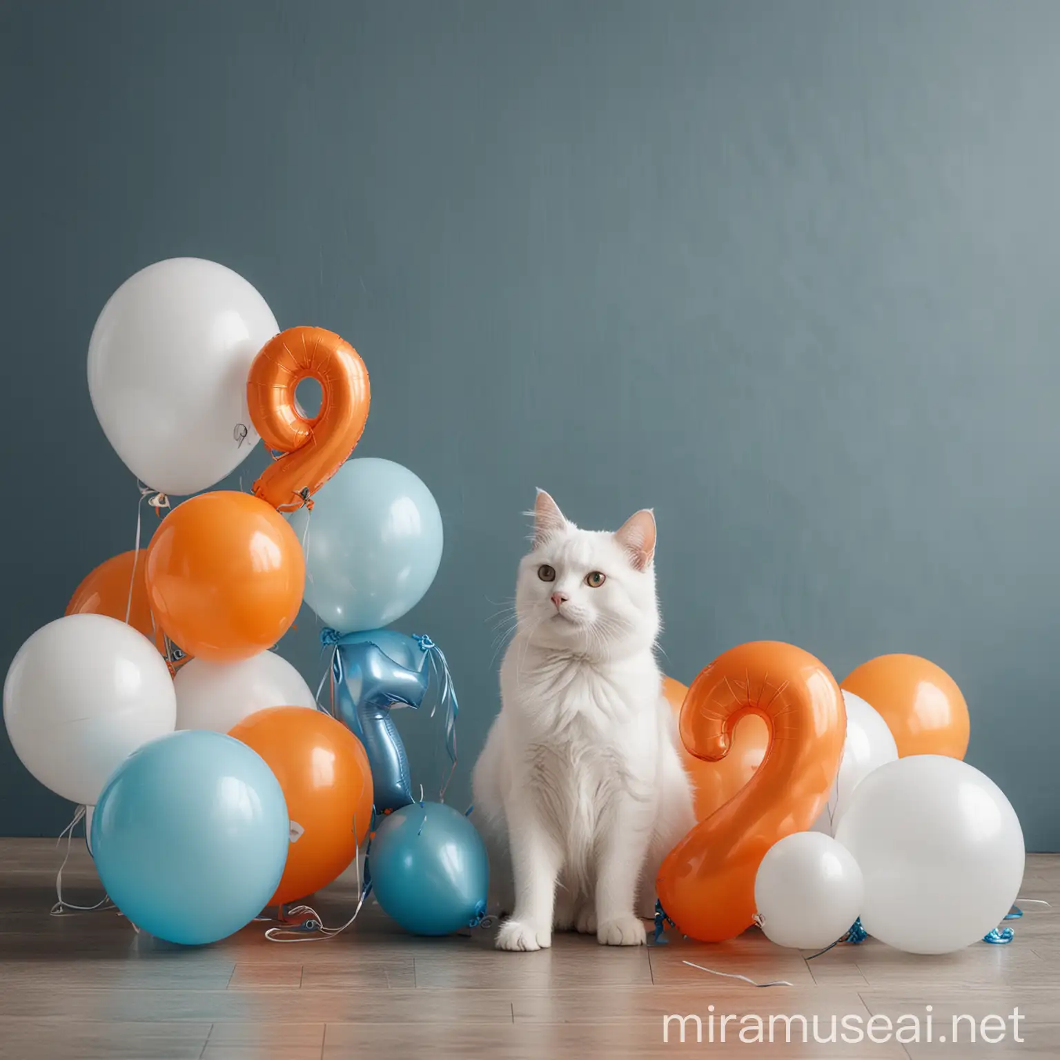 White Cat Sitting with Number Nine Balloon in Bright Blue and Orange Tones