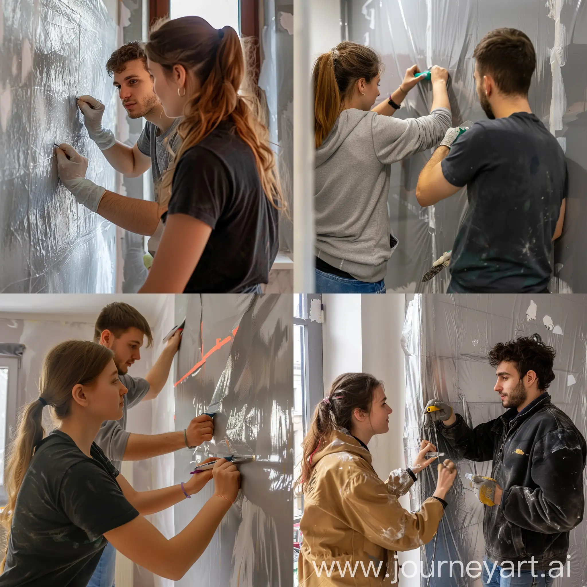 Apartment-Renovation-Couple-Applying-Gray-Plastic-Film-to-Wall