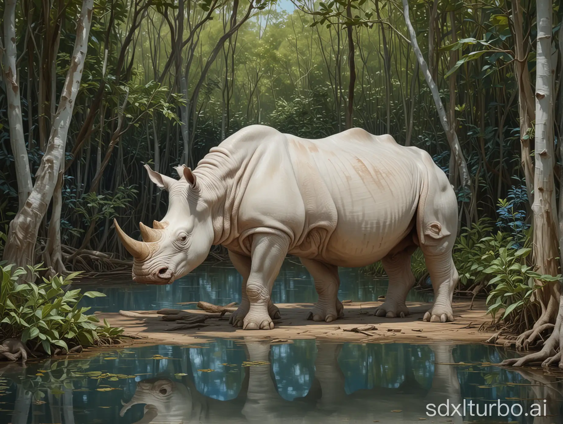 A full-body shot of an albino rhinoceros, with the background of a blue mangrove forest, in Leyendecker oil painting style.