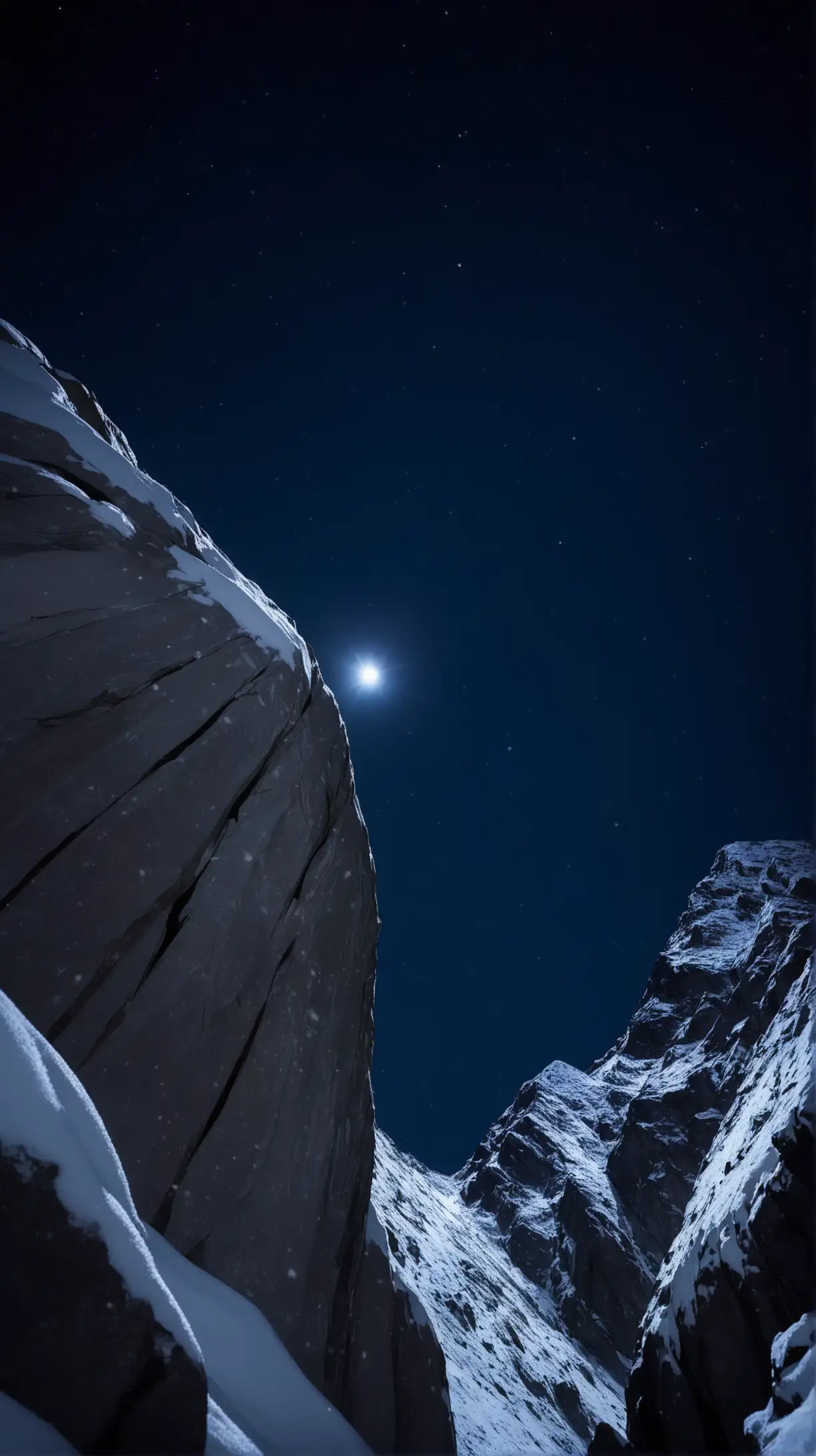 Snowy Rock Face Night Sky View with Central Peak