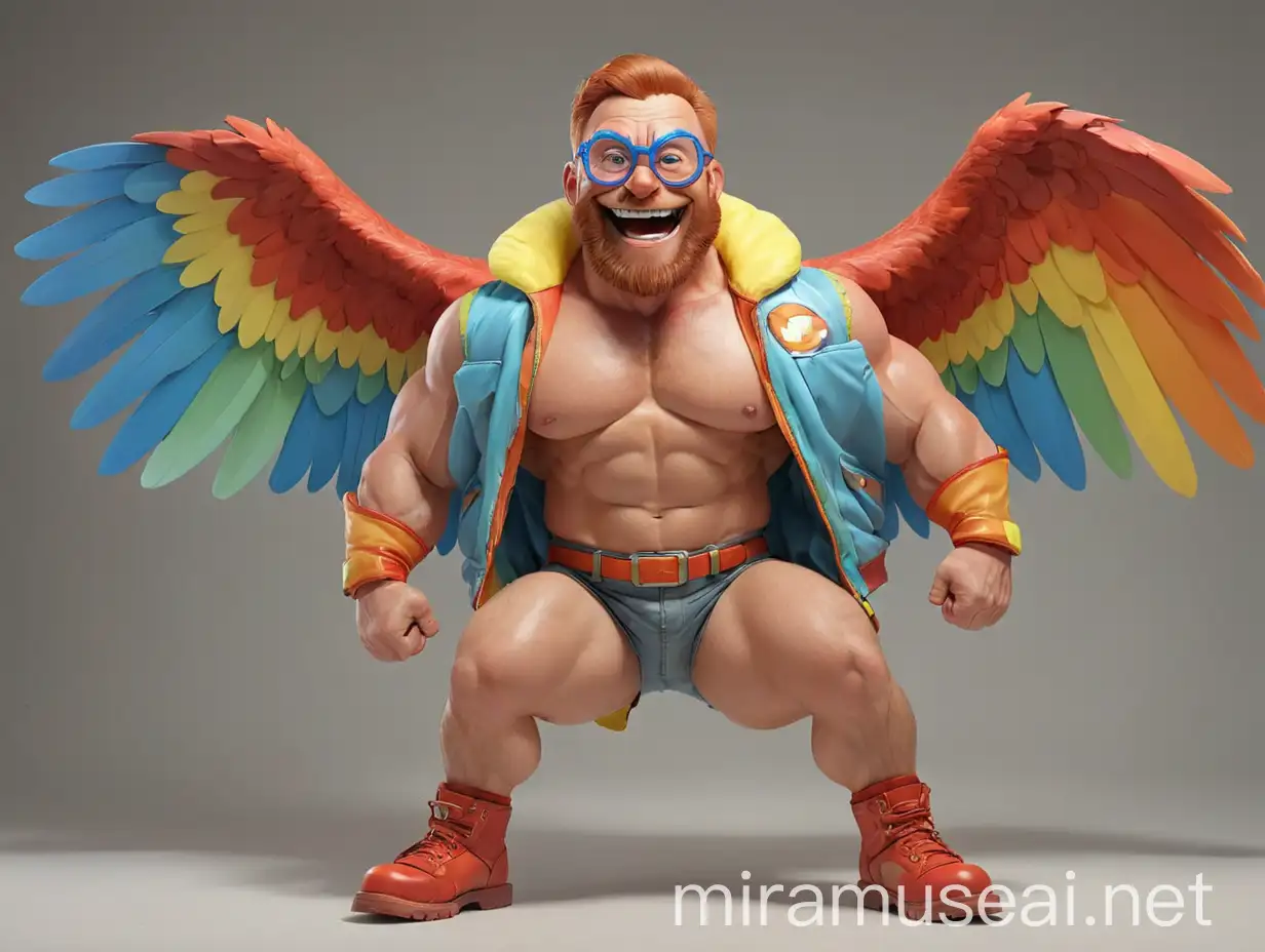 40s Red Head Bodybuilder Flexing Muscles with Rainbow Eagle Wings Jacket