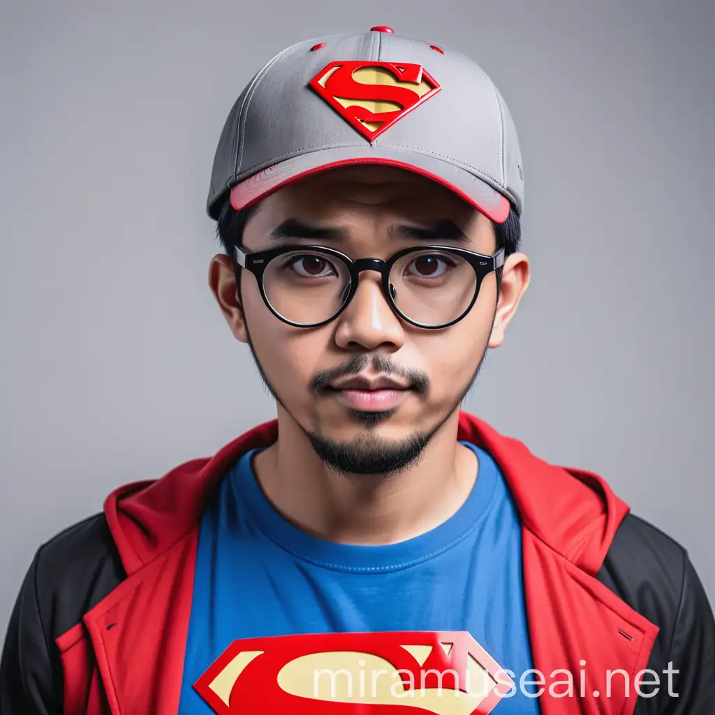 30 years old Indonesian man wearing grey and red baseball cap with superman logo - short hair - round face goatee beard style - black frame glasses - blue plain t-shirt and sporty black jacket