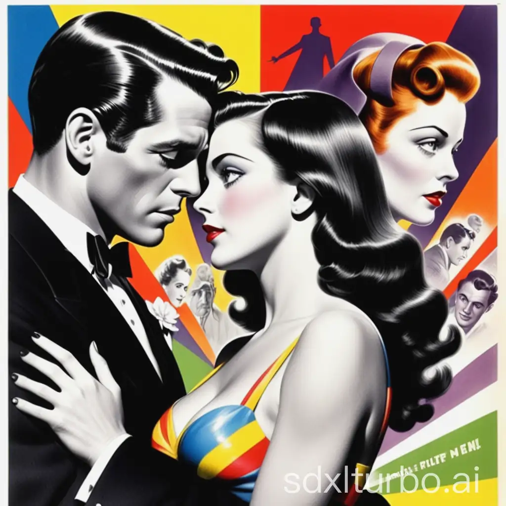 In the 20th century, American black-and-white film covers, the protagonists are a man and a woman, The poster is colorful and is drawn, Delete the text, and the characters only need to be a man and a woman