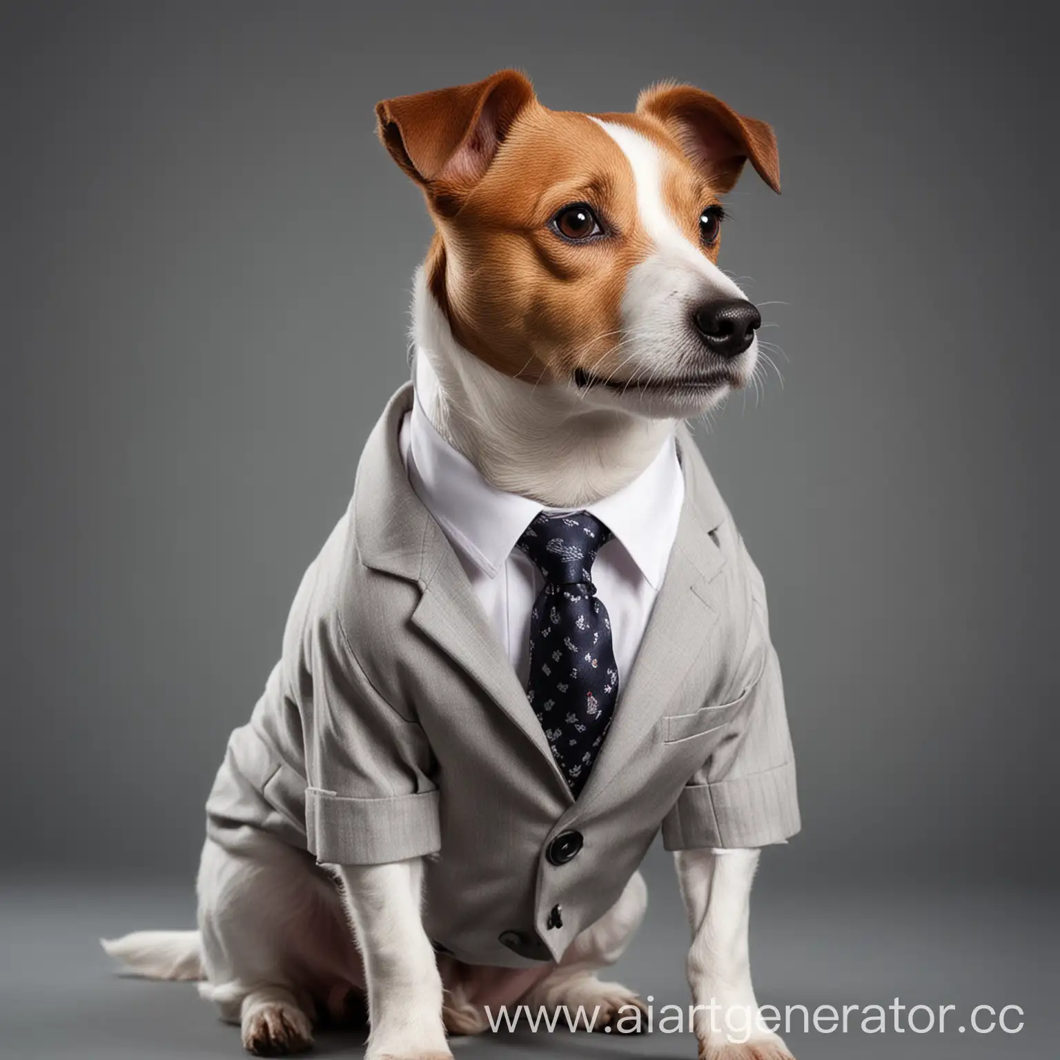 A Jack Russell Terrier dog in a business suit