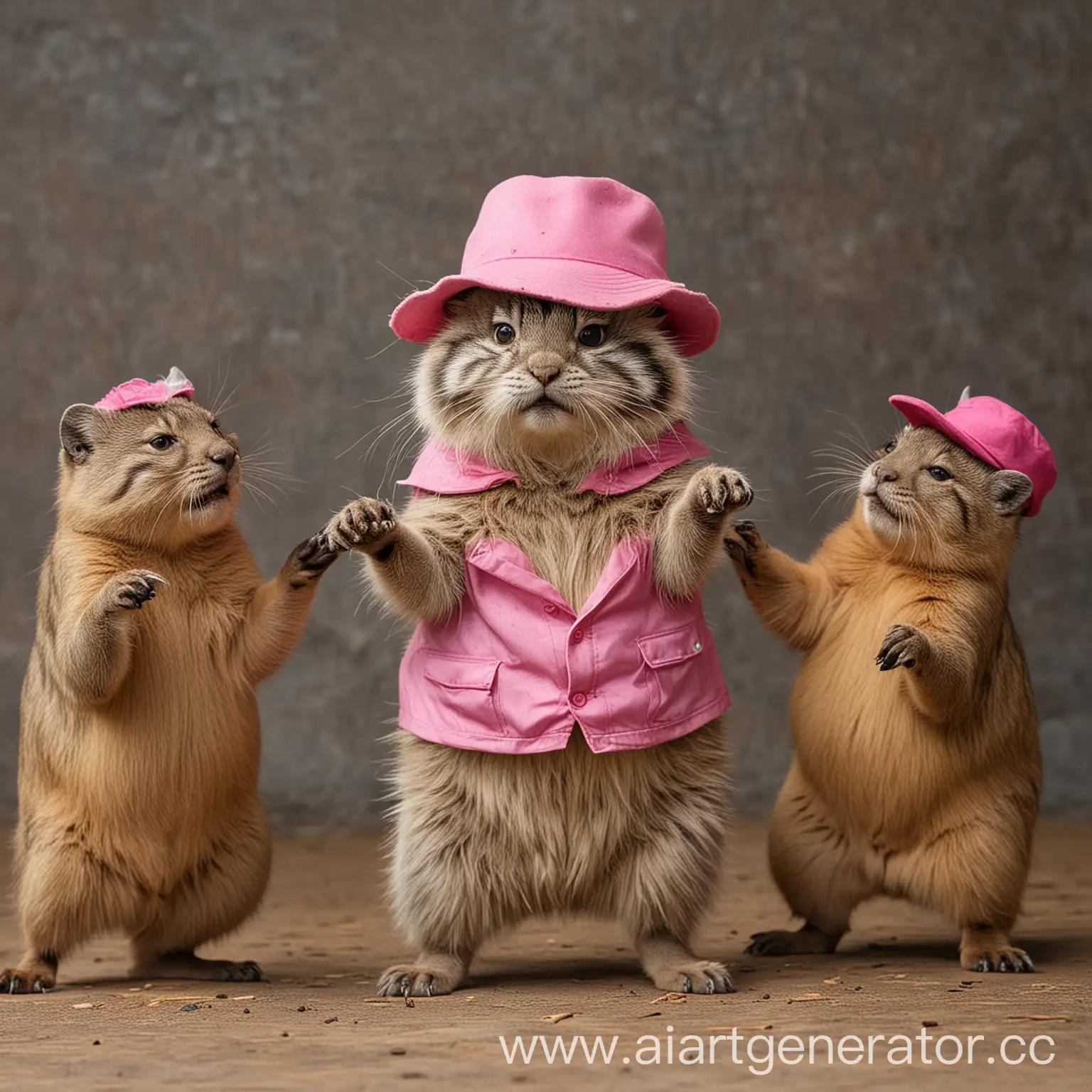 Wild pallas cat in pink hat dancing with a capybara