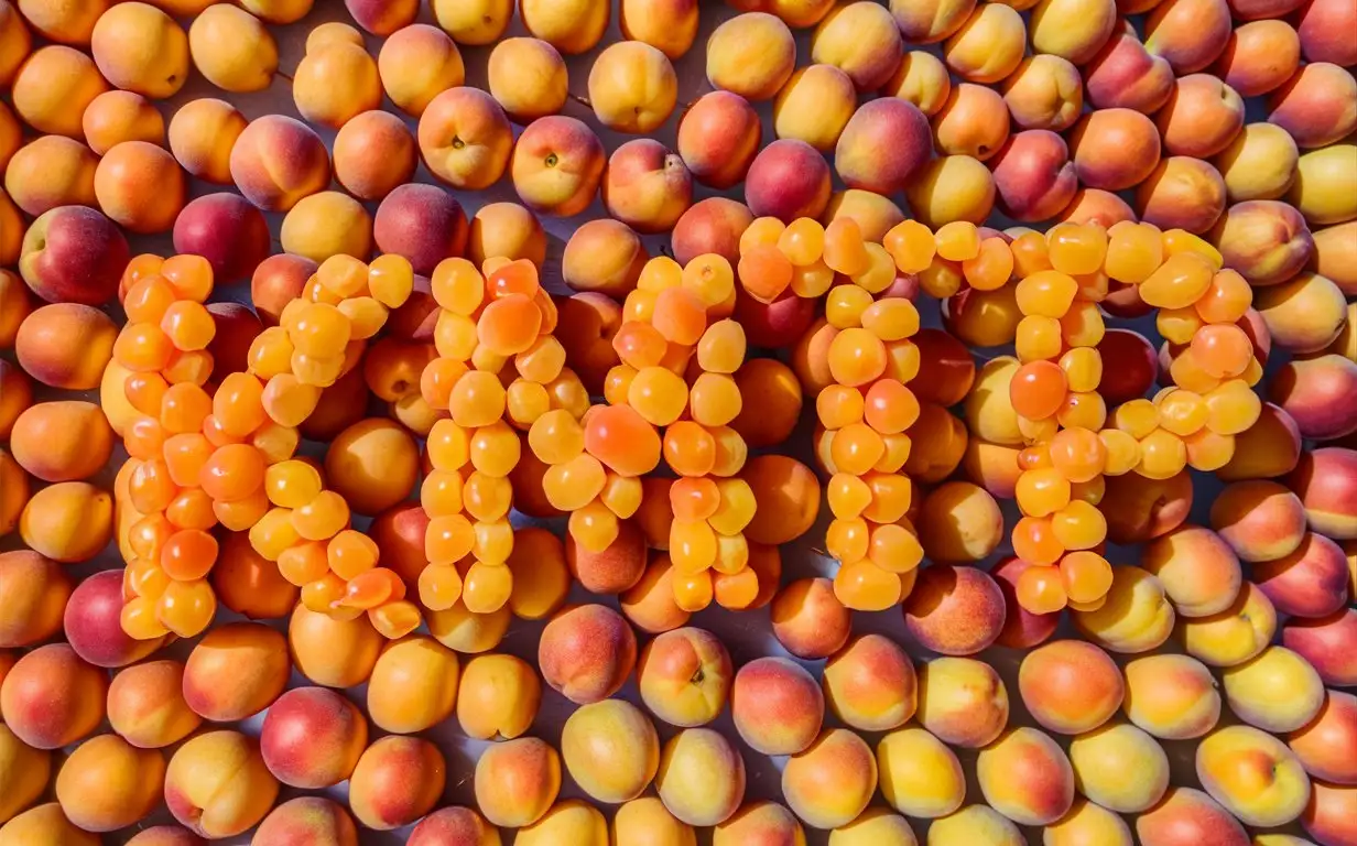 Create a large-scale word “kmtp" out of ripe apricots on a backdrop of apricots