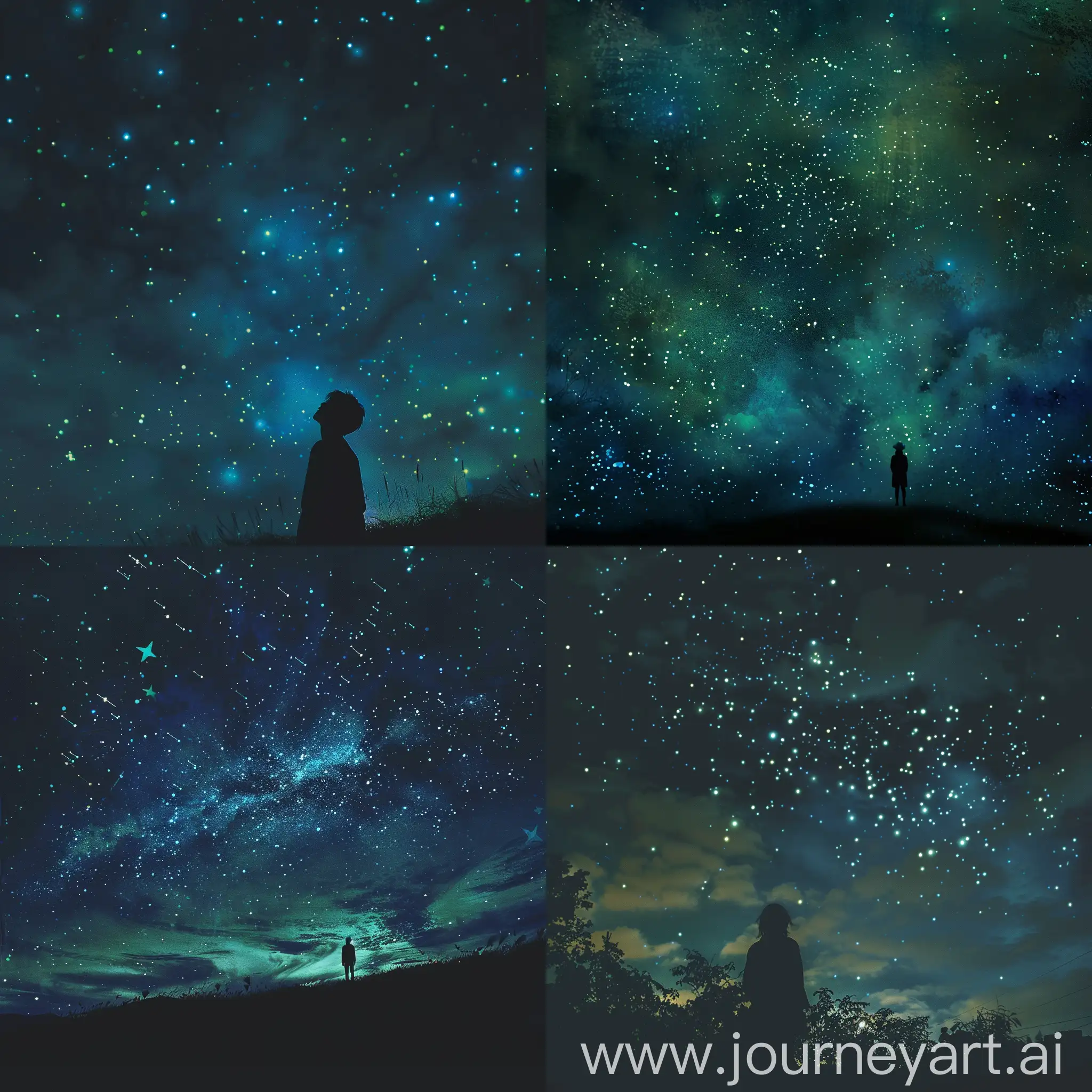 Dark sky with nostalgic stars with blue and green colors and strange person look in the sky