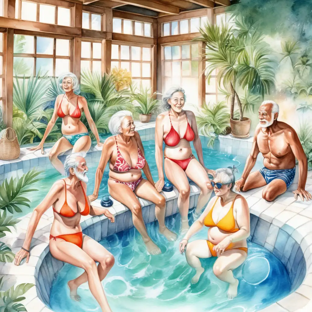 Vackra äldre människor , kvinnorna har baddräkt och männen har badbyxor de sitter i en bubbelpool  , ett badhus   med vattenfärg