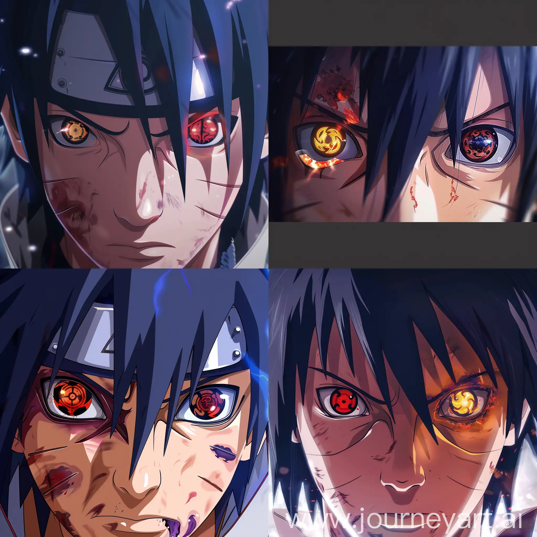 Anime style high quality high resolution high detailed cinematic realistic image of Sasuke uchiha with sharingan in one eye and rinnegan in other eye. Exact character as in anime