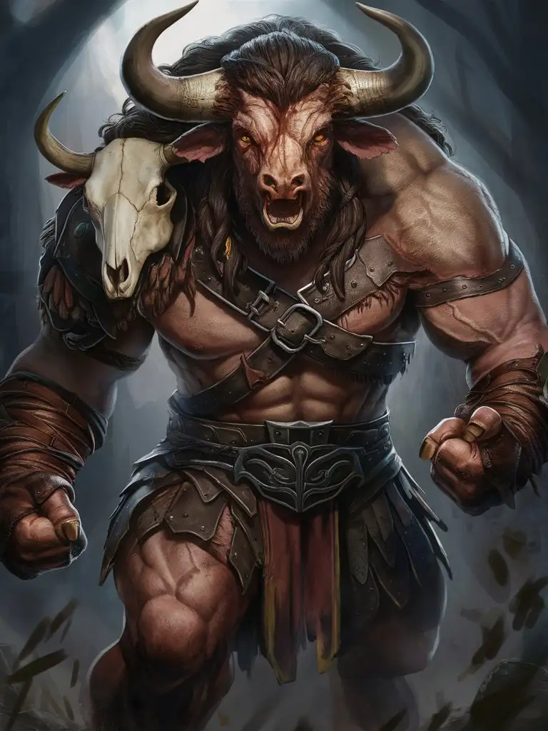 Ferocious Minotaur Warrior with Leather Armor and Skull Shoulder Ornament