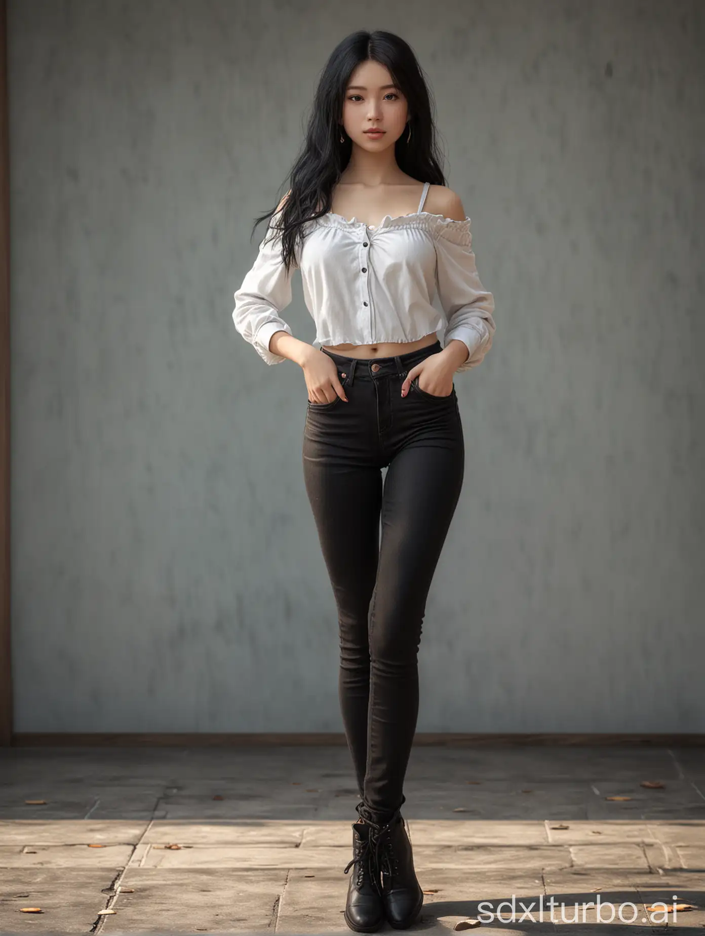 emb-melissatheuriau-v10-joysthokkins, a girl, Chinese, (black skinny jeans), black hair, hairpin, long hair, highres, 4k, hdr, masterpiece, best quality, <lora:backlight_slider_v10:-1.5>, <lora:contrast_slider_v10:2>