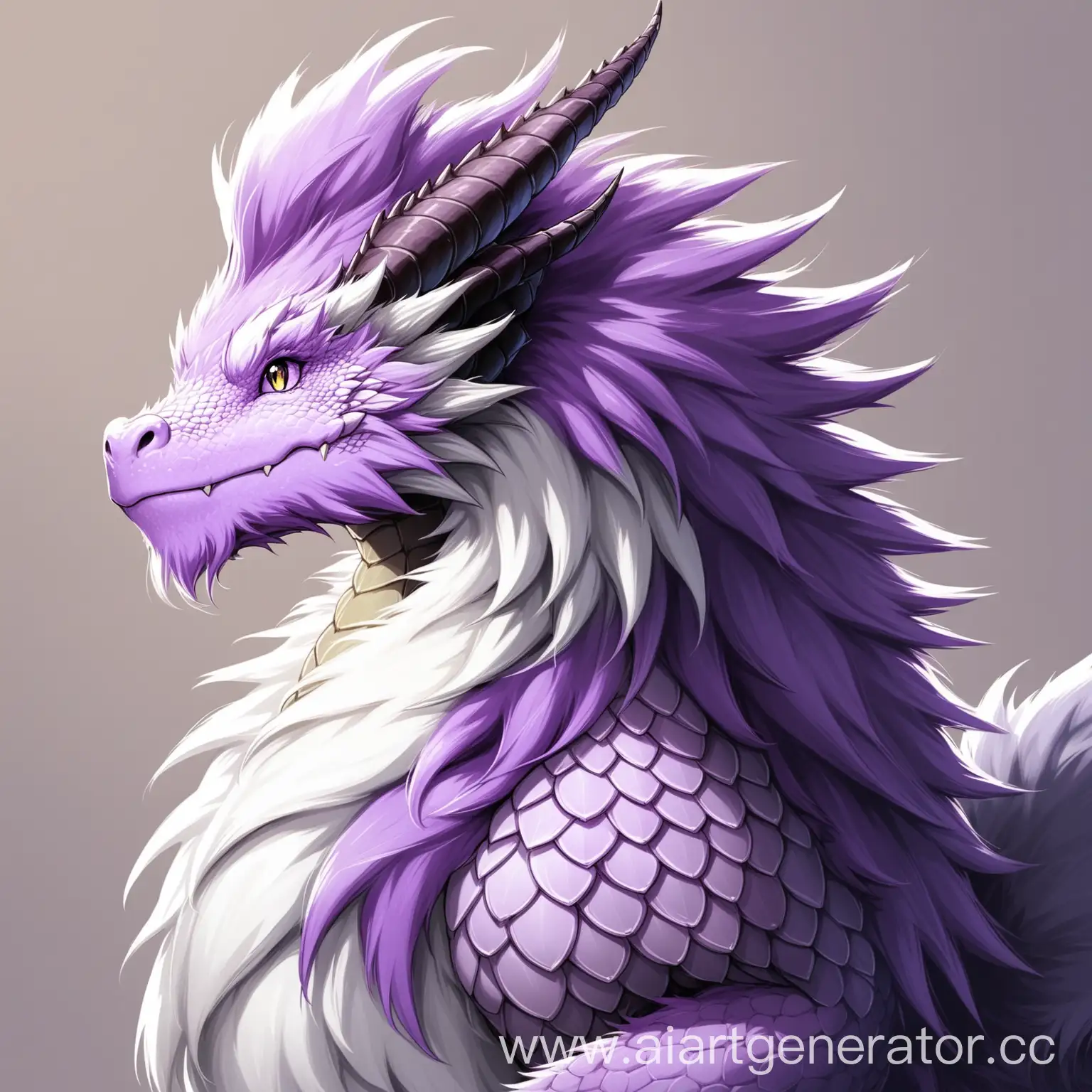 пушистый дракон, имеющий окрас меха Серо-Пурпурный  и белым торсом, и волосы Квифф с пурпурно-белым окрасом